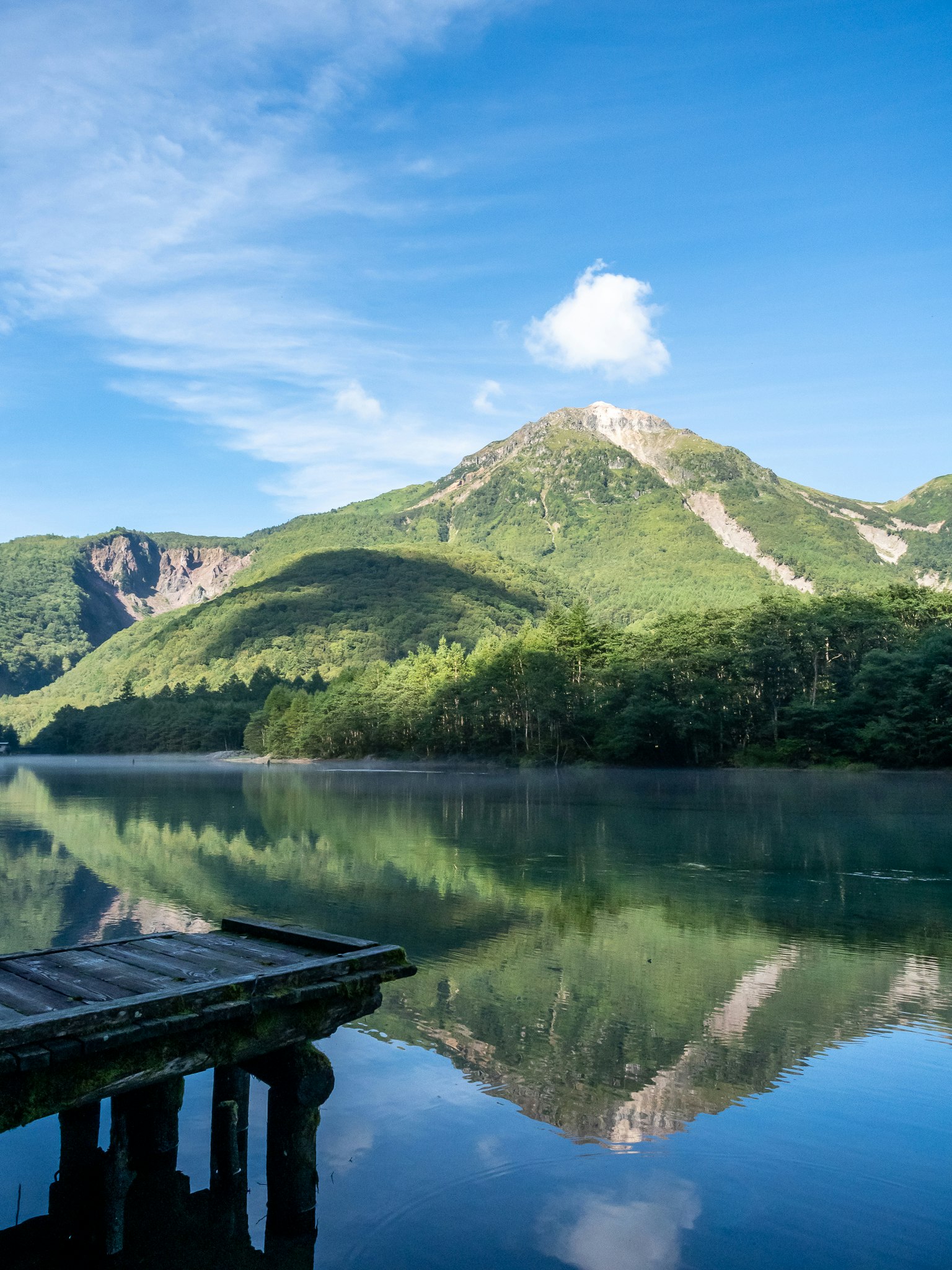 Paesaggio sereno di un lago che riflette montagne verdi e cielo blu