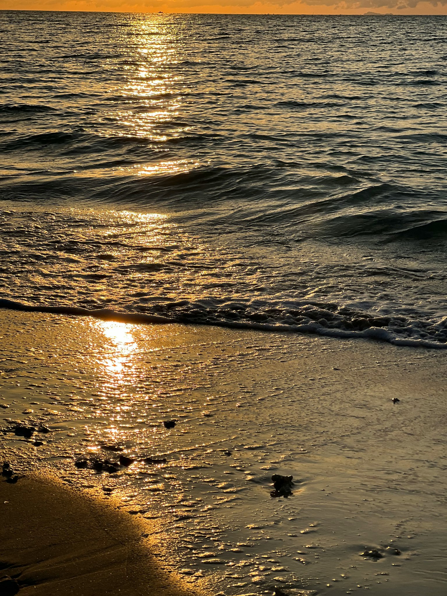 美丽的海滩场景，夕阳映照在海面上
