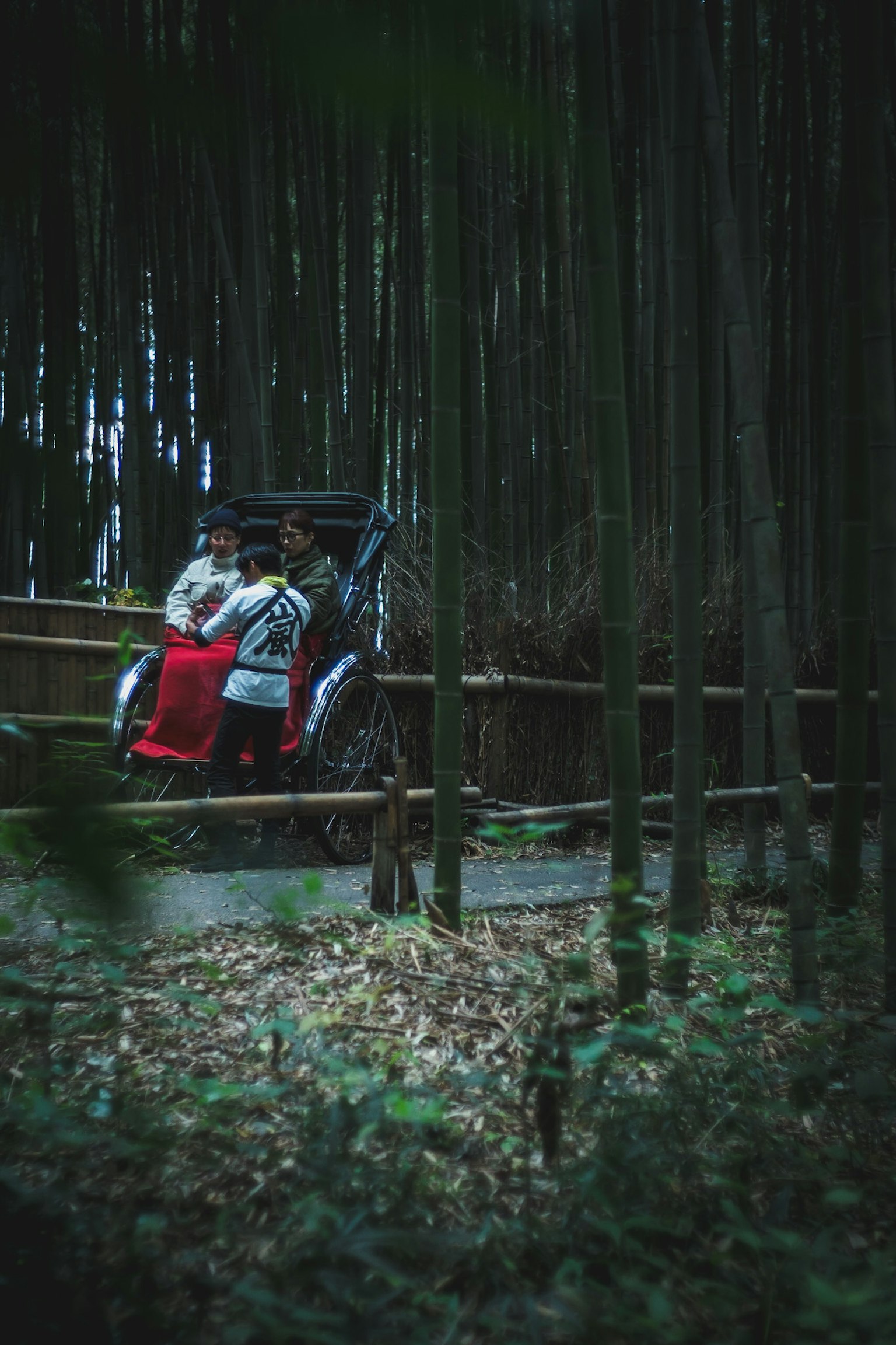 Due persone in abiti bianchi che tengono un panno rosso in una foresta di bamboo