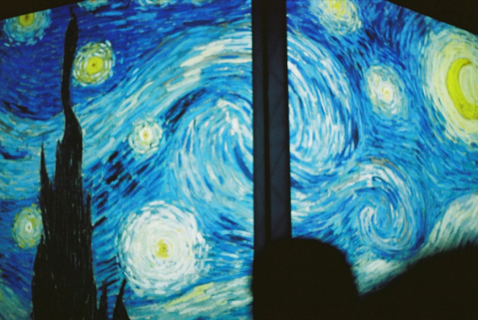 Section d'une peinture présentant des étoiles tourbillonnantes et un ciel nocturne bleu