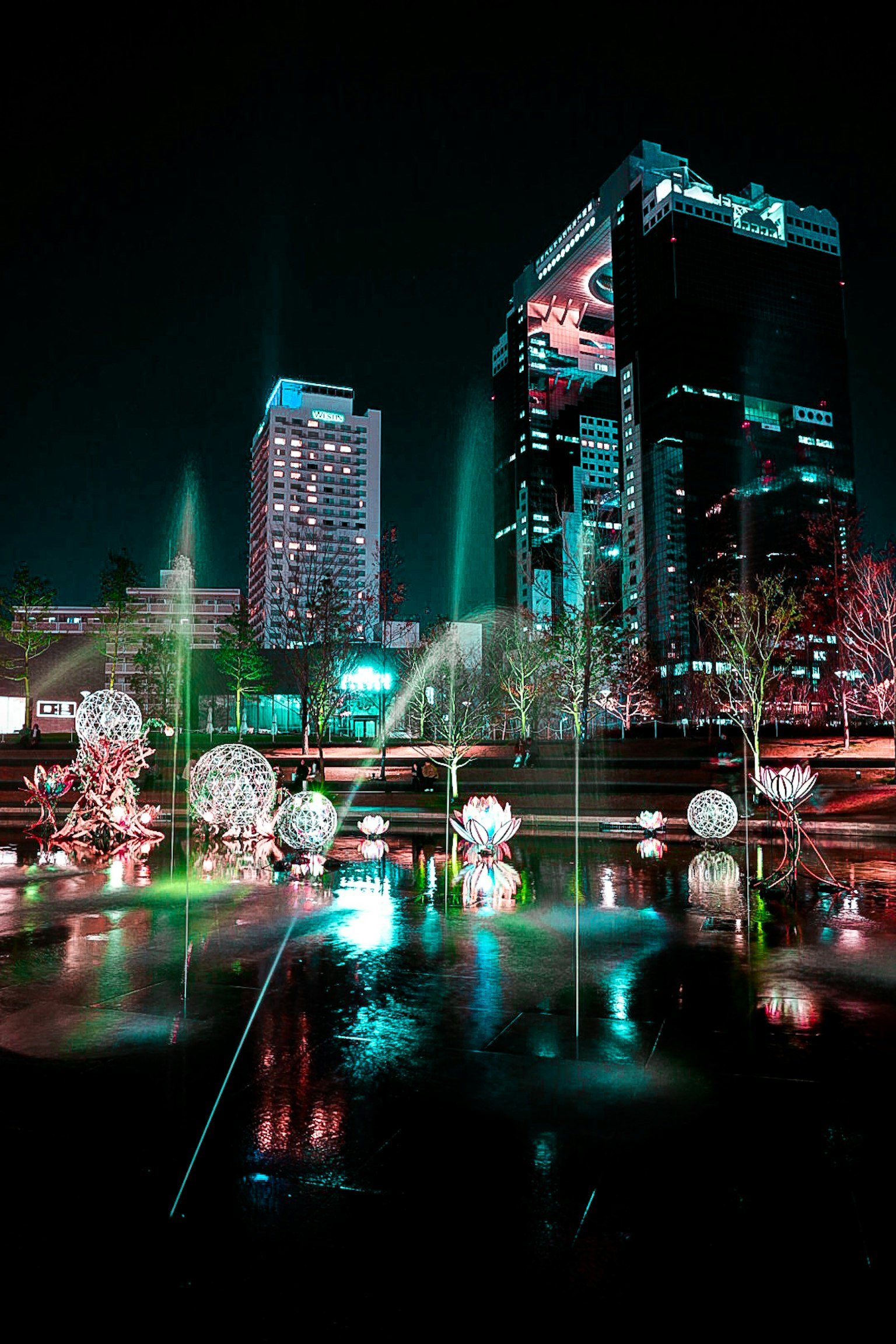 夜间城市景观，特色美丽喷泉和生动的灯光