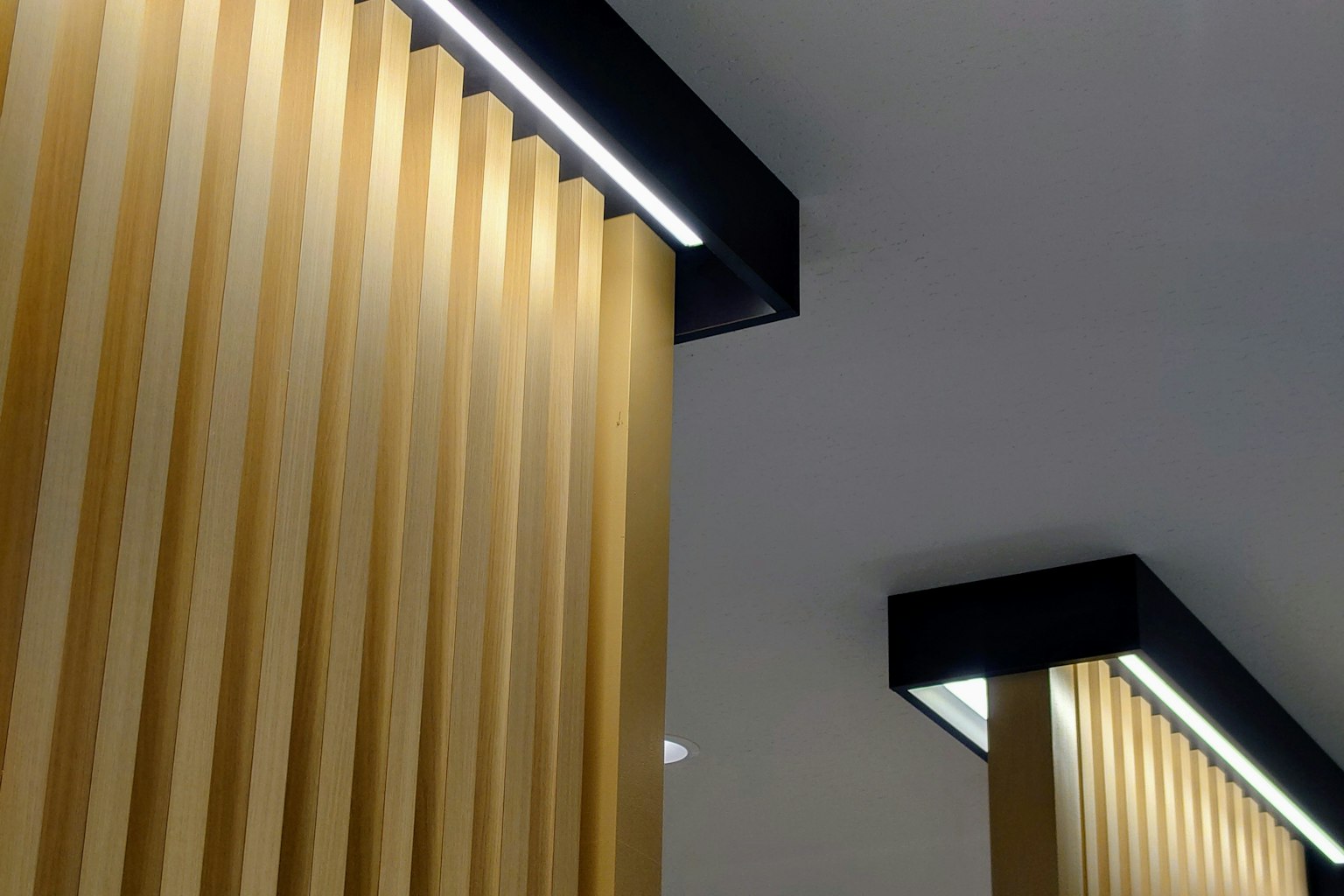 Interior modern dengan slat vertikal emas dan pencahayaan hitam