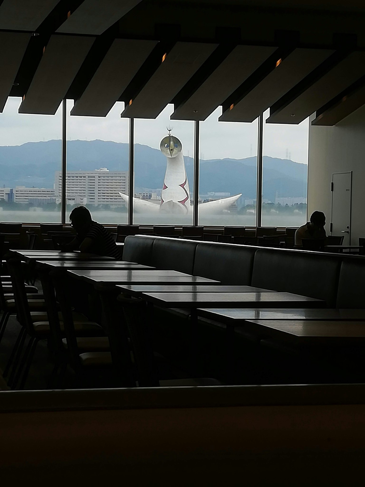 View of an airplane tail and mountains through a large window
