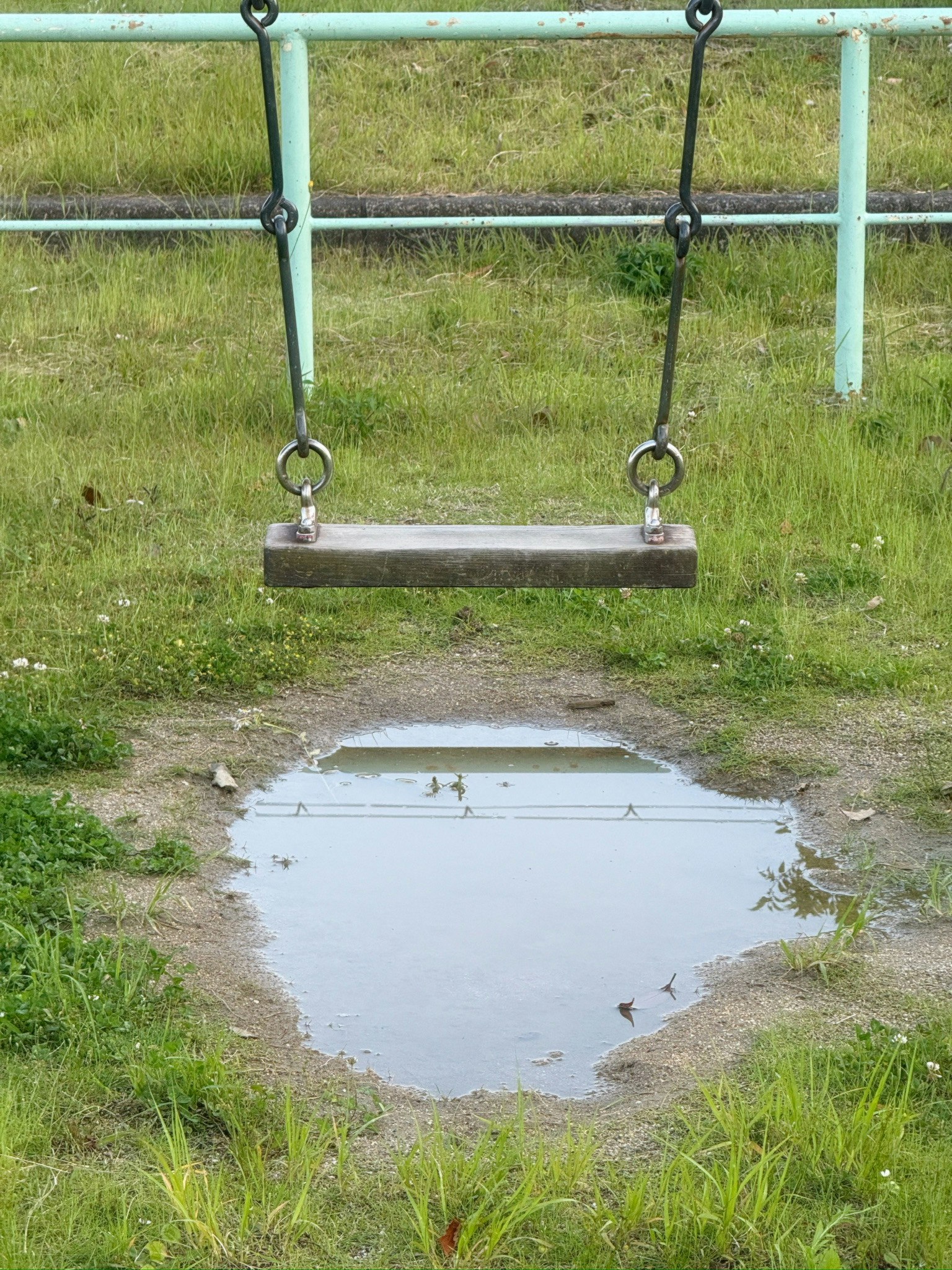草地の小さな池とブランコの支柱のある公園の一角