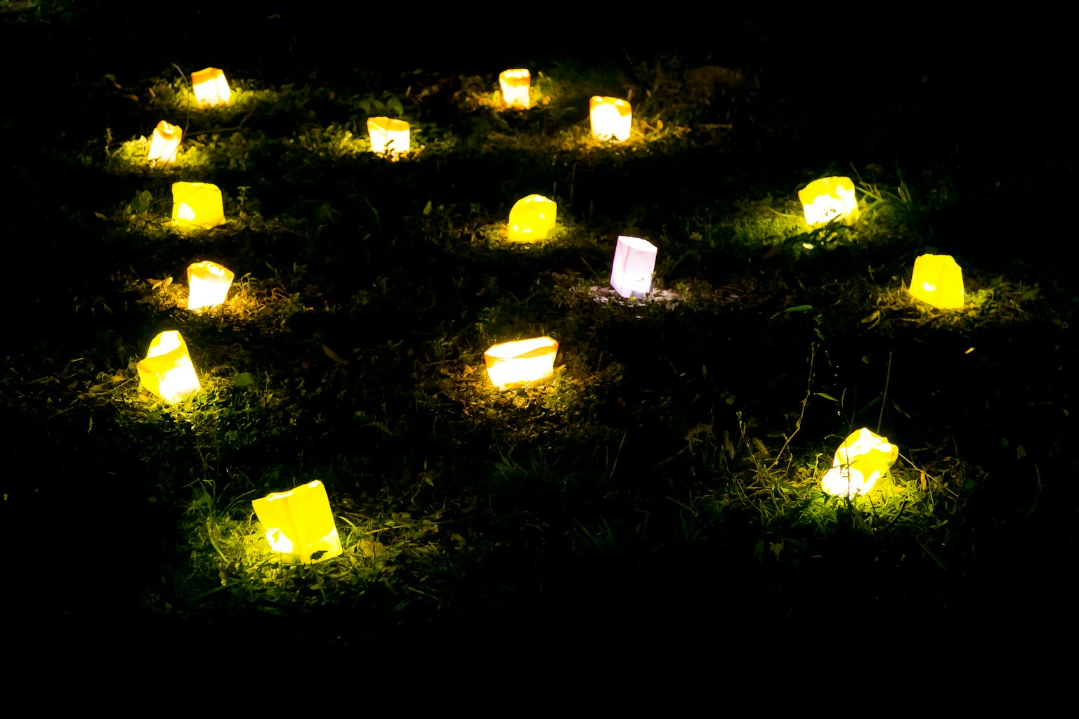 Paysage avec des lumières jaunes et blanches éparpillées sur un fond sombre