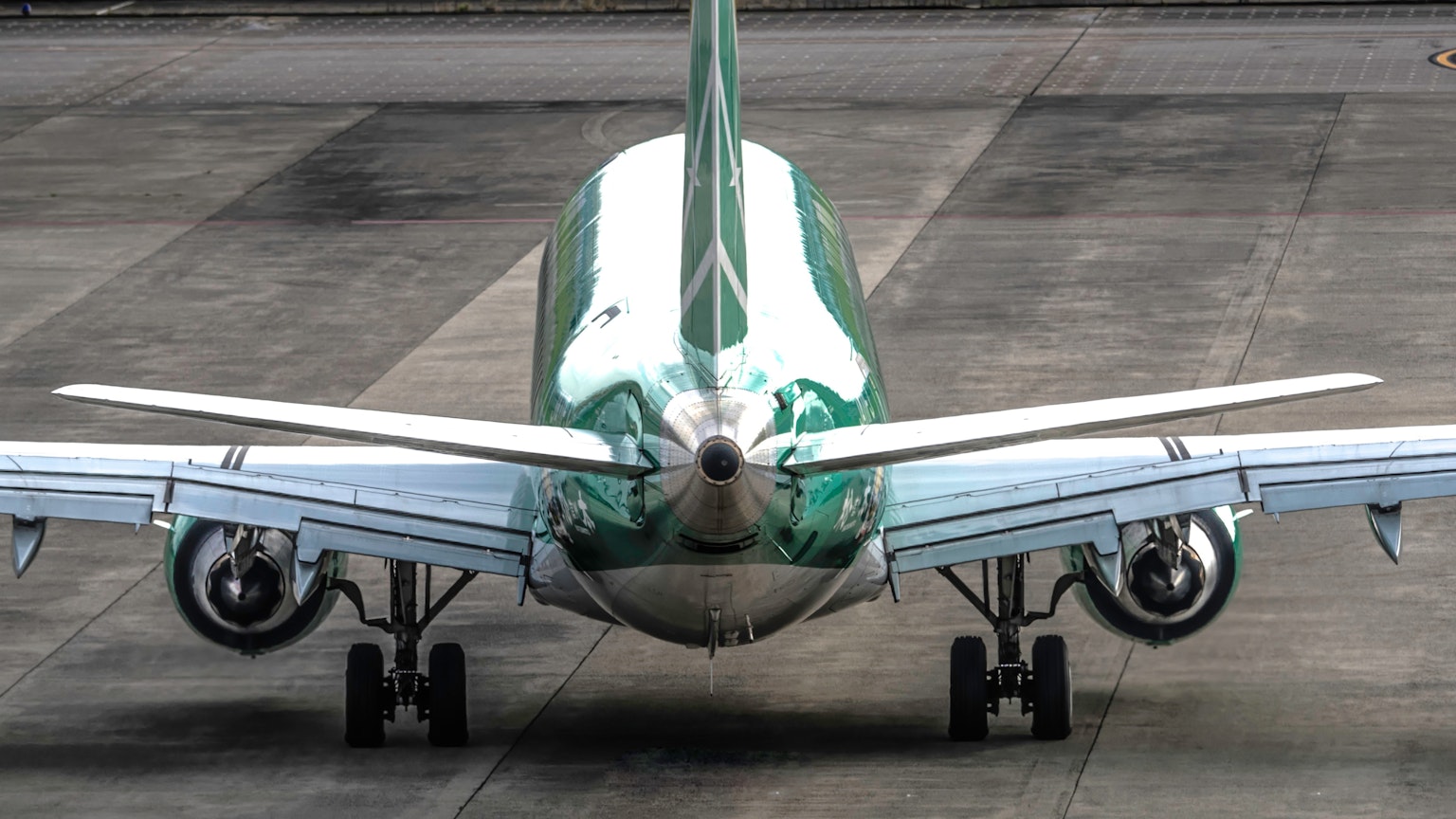 มุมมองด้านหน้าของเครื่องบินที่แสดงให้เห็นลำตัวสีเขียว