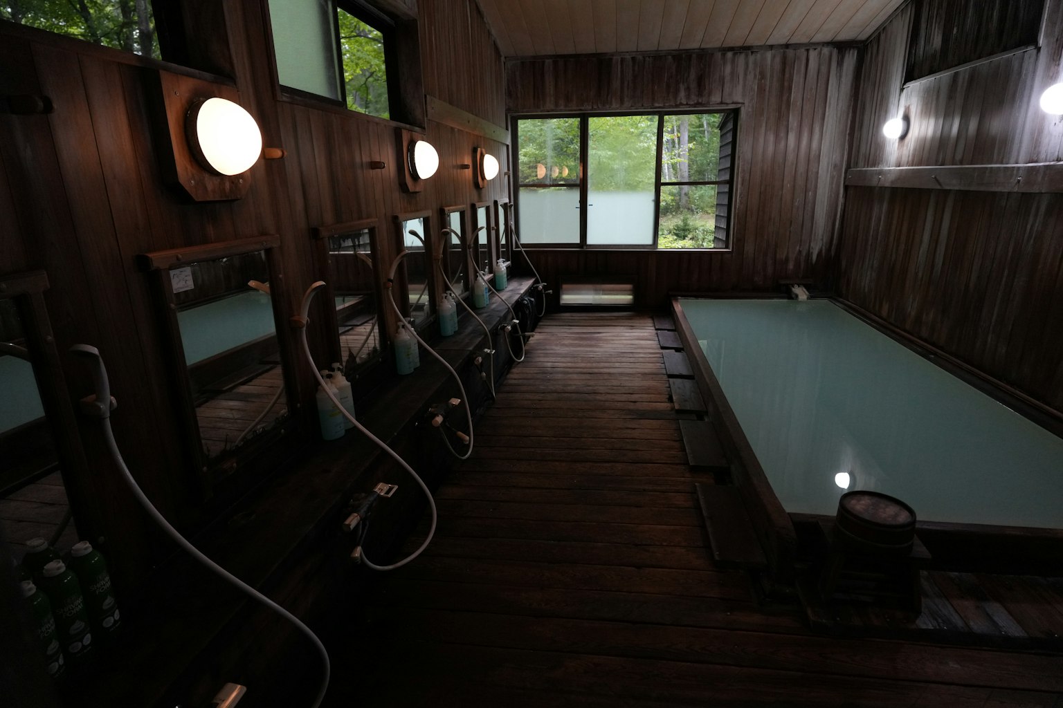 Ruhiges Badezimmerinterieur mit Holzwänden und großen Fenstern