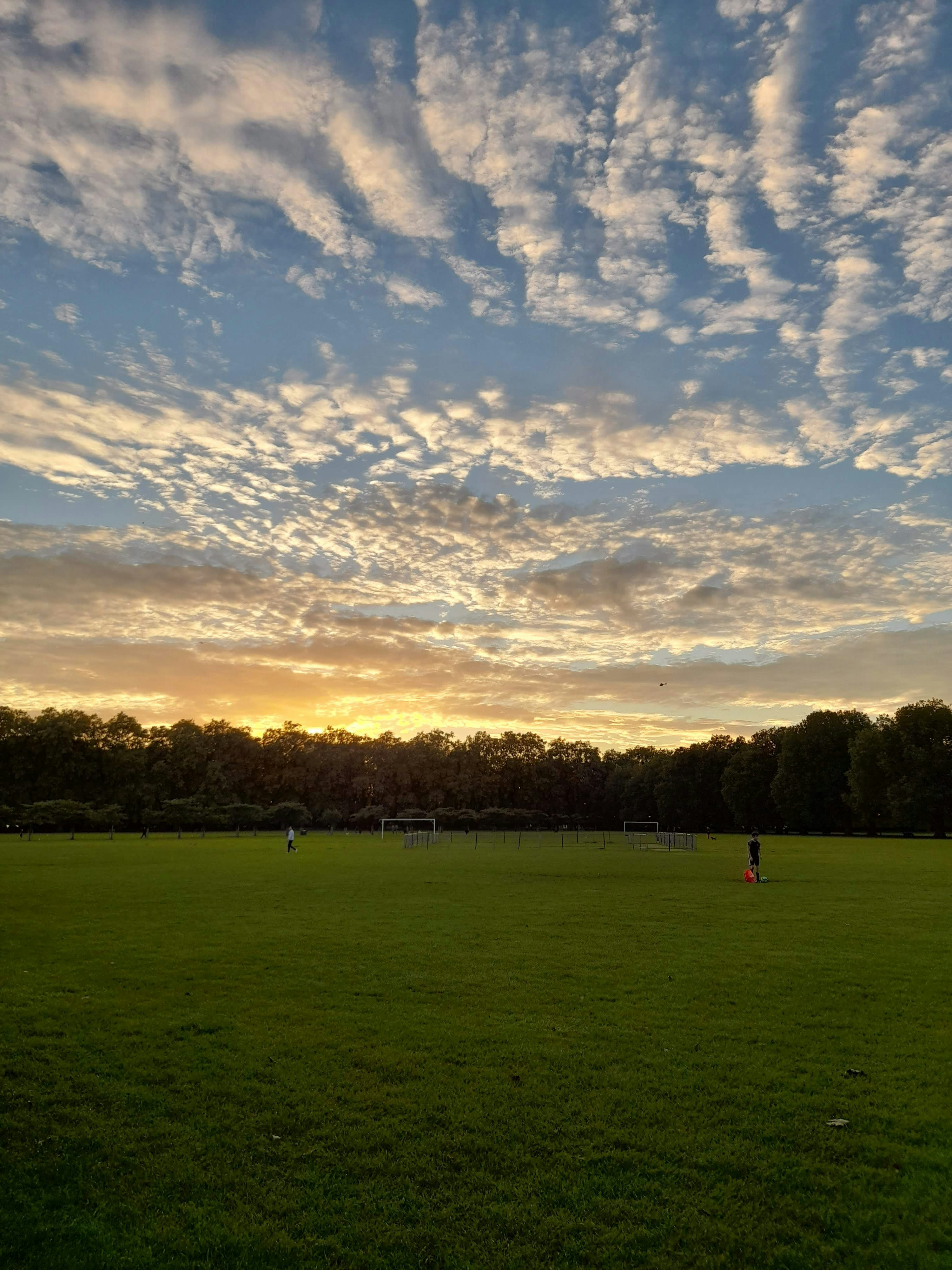 wide grassy sports field at sunset sky