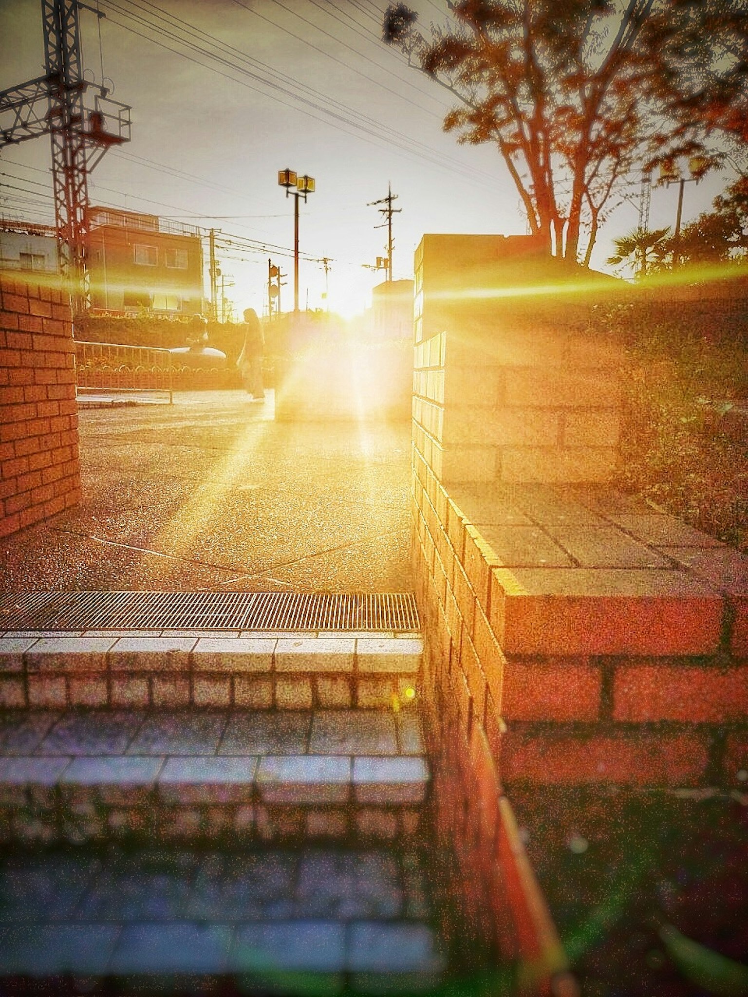夕日が差し込む階段とレンガの壁の風景