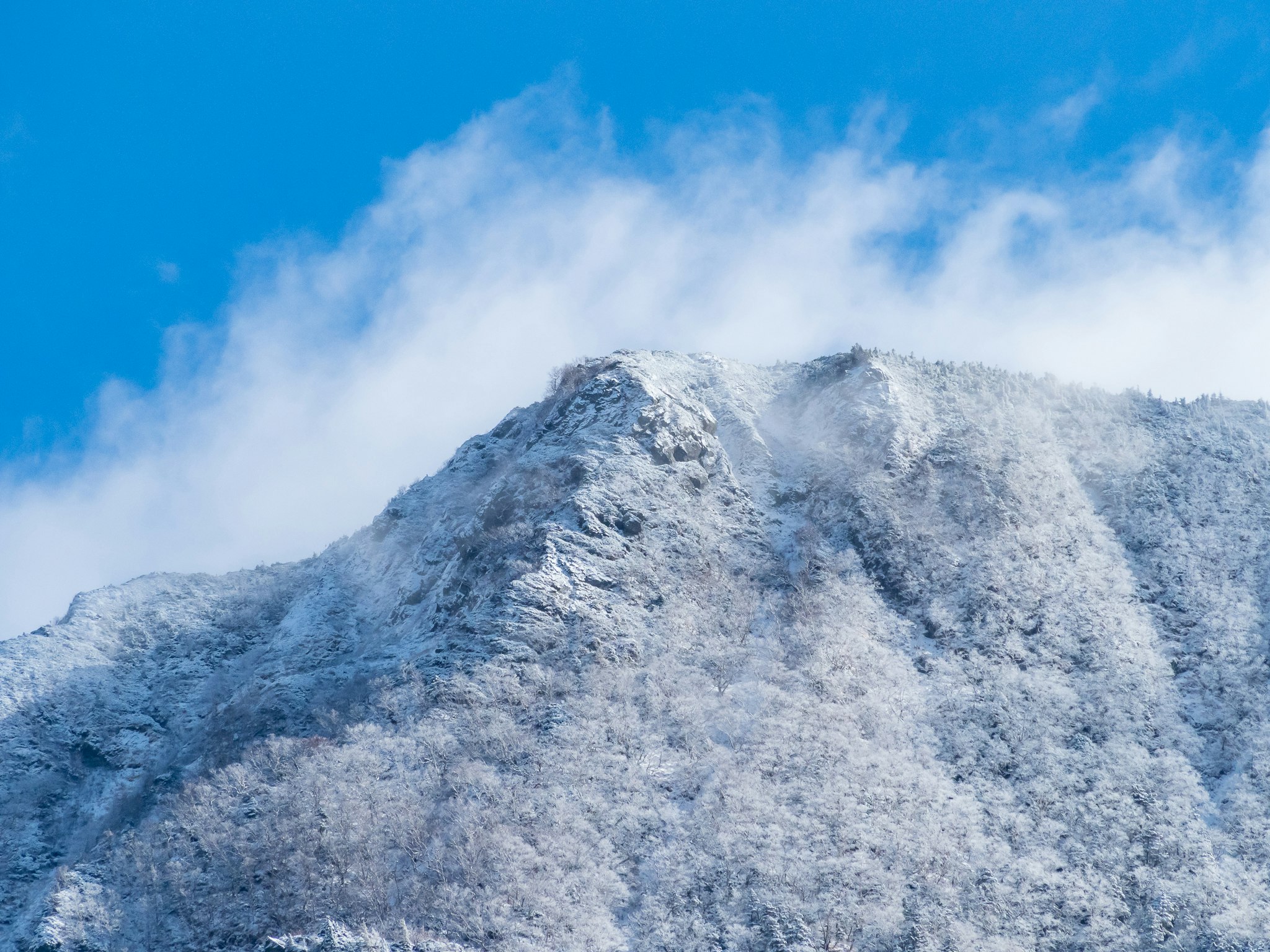 雲に覆われた雪の山の峰