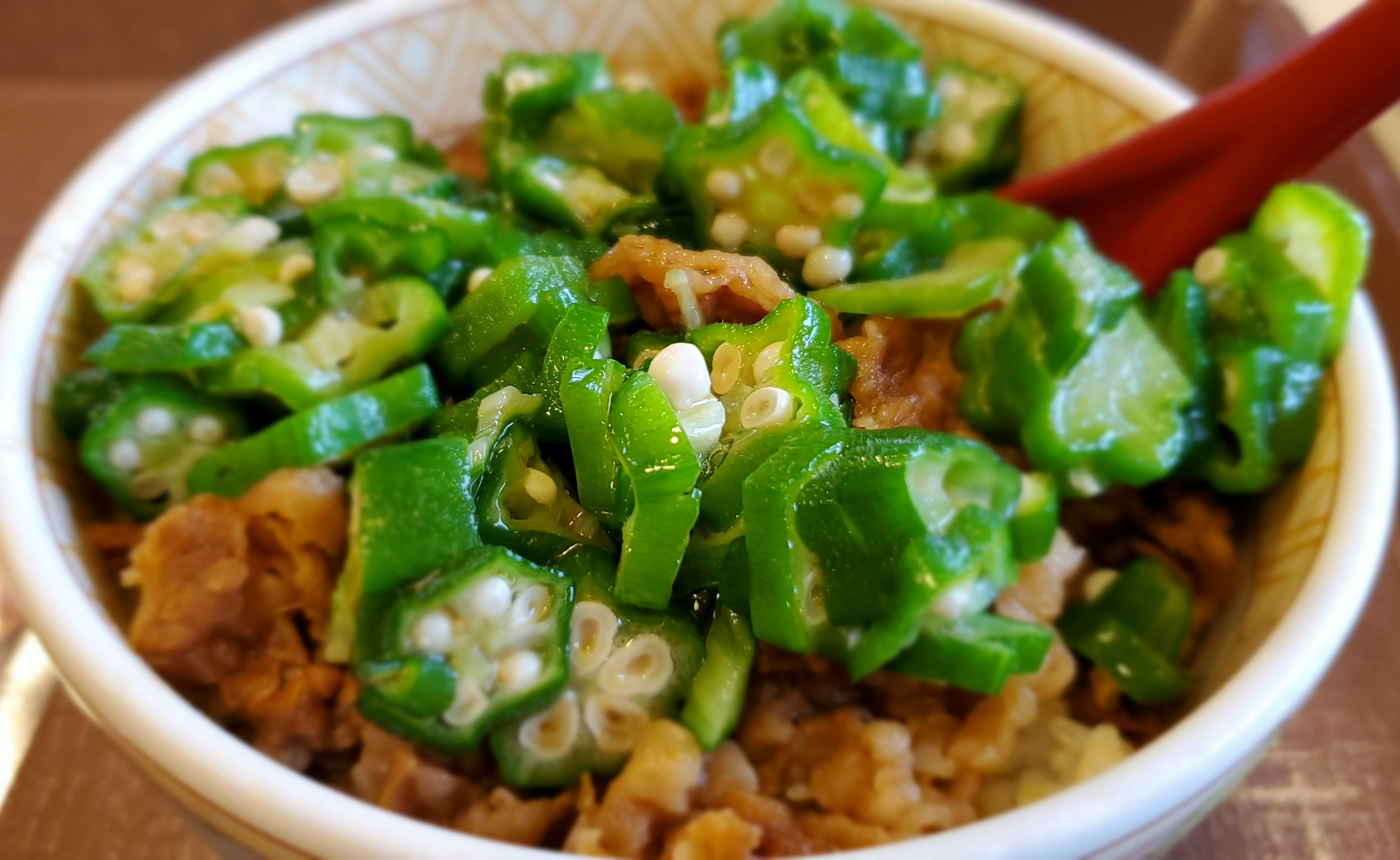 刻んだ青ねぎと具材がのった丼のアップ