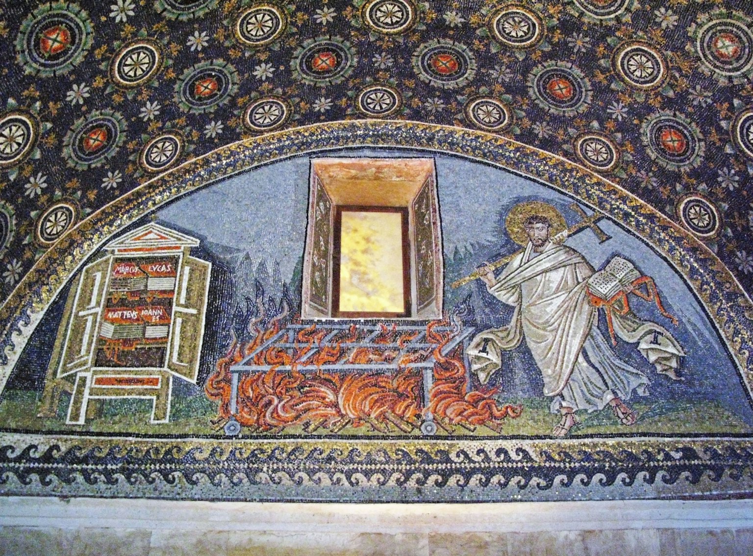 Mosaic artwork featuring an angel and a bookshelf