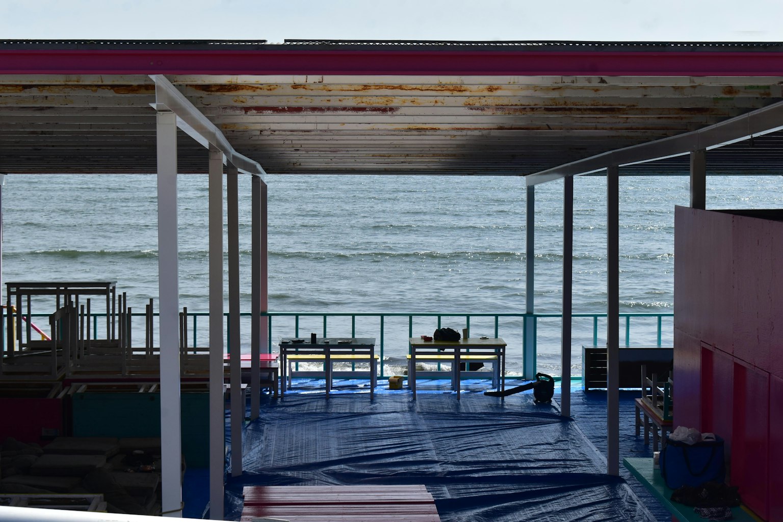 Seating area with benches overlooking the sea