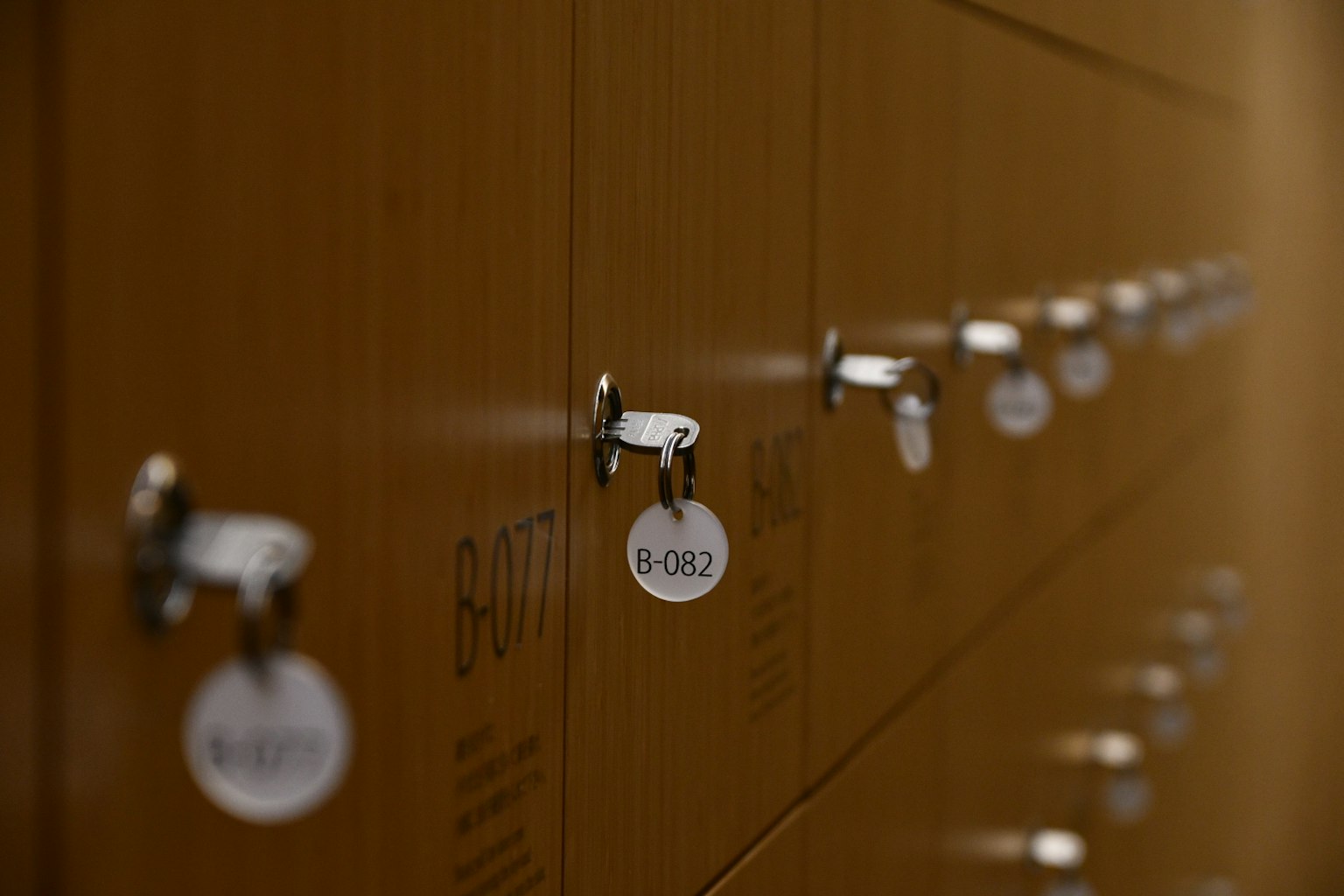 Row of metal keyholes on wooden lockers