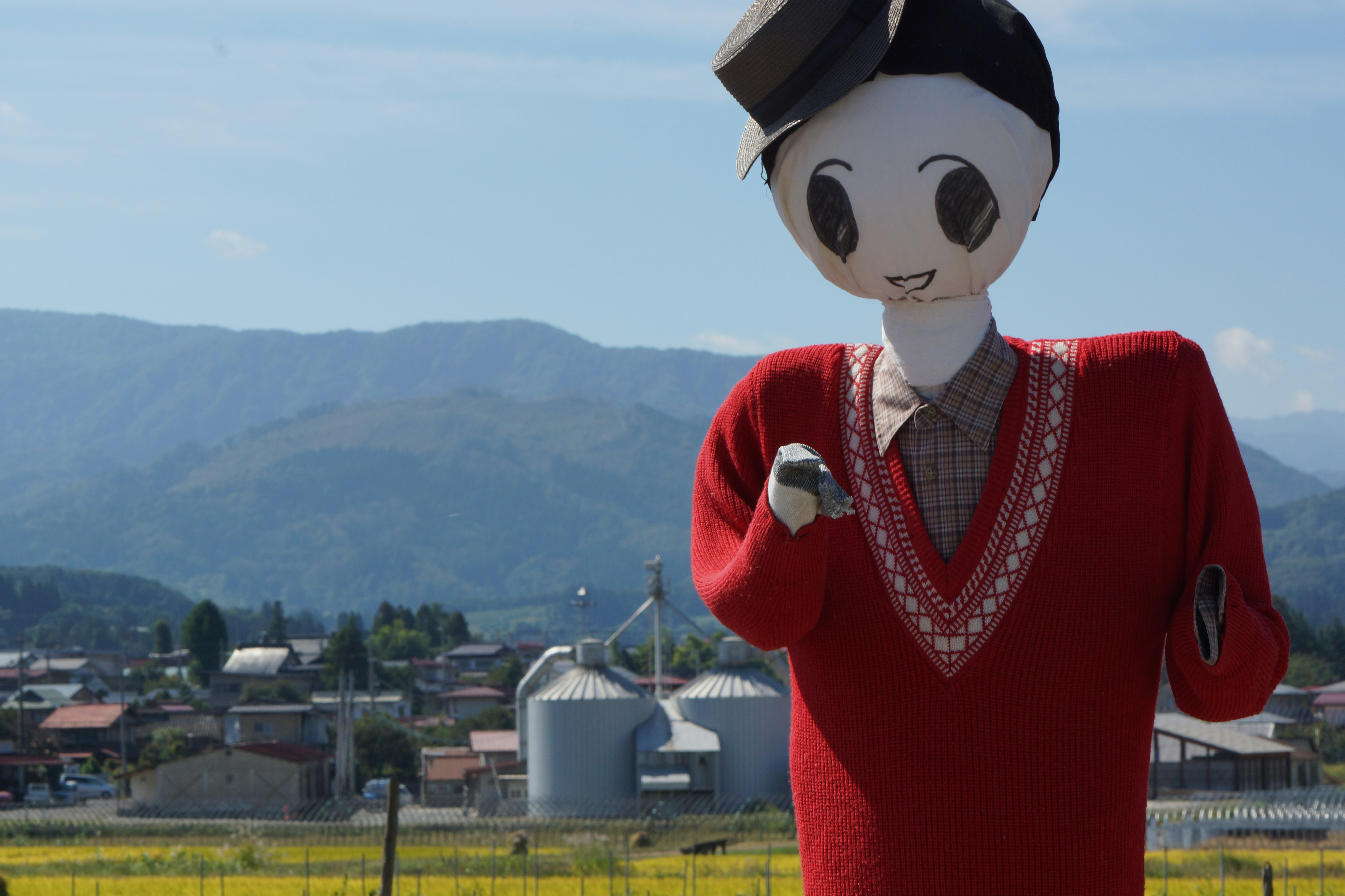 A scarecrow wearing a red sweater stands in front of a farm landscape
