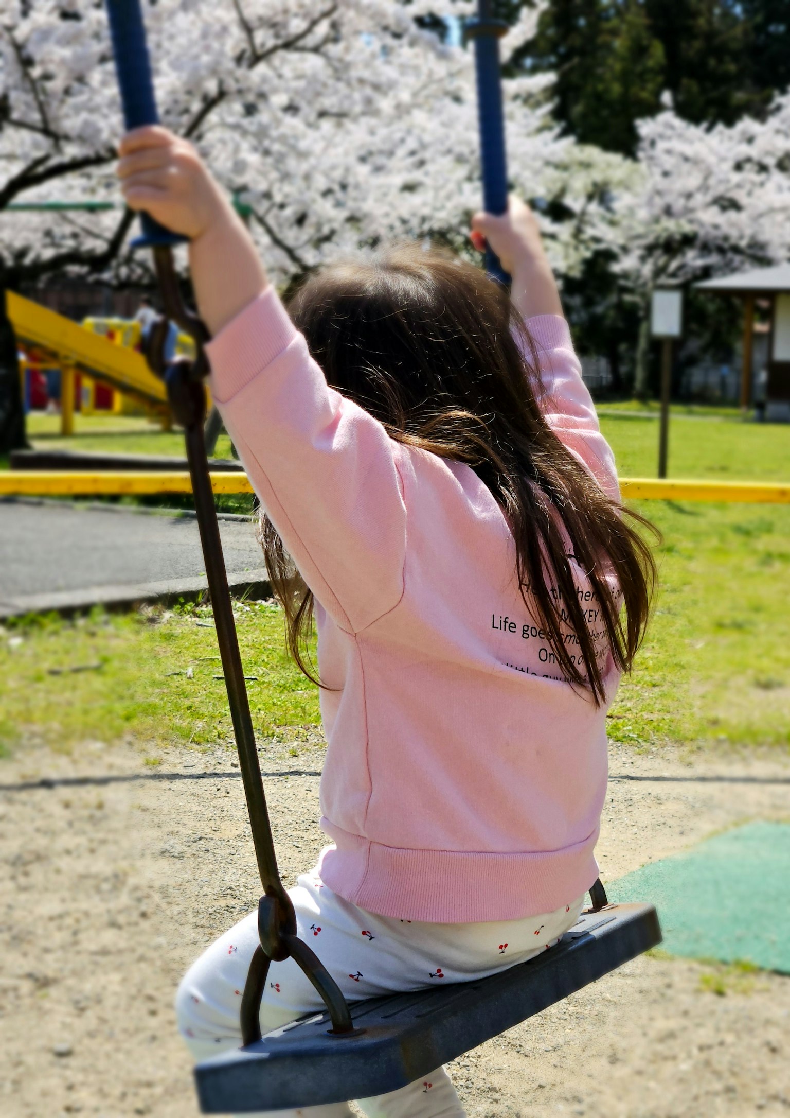 Child swinging on a swing under cherry blossom trees