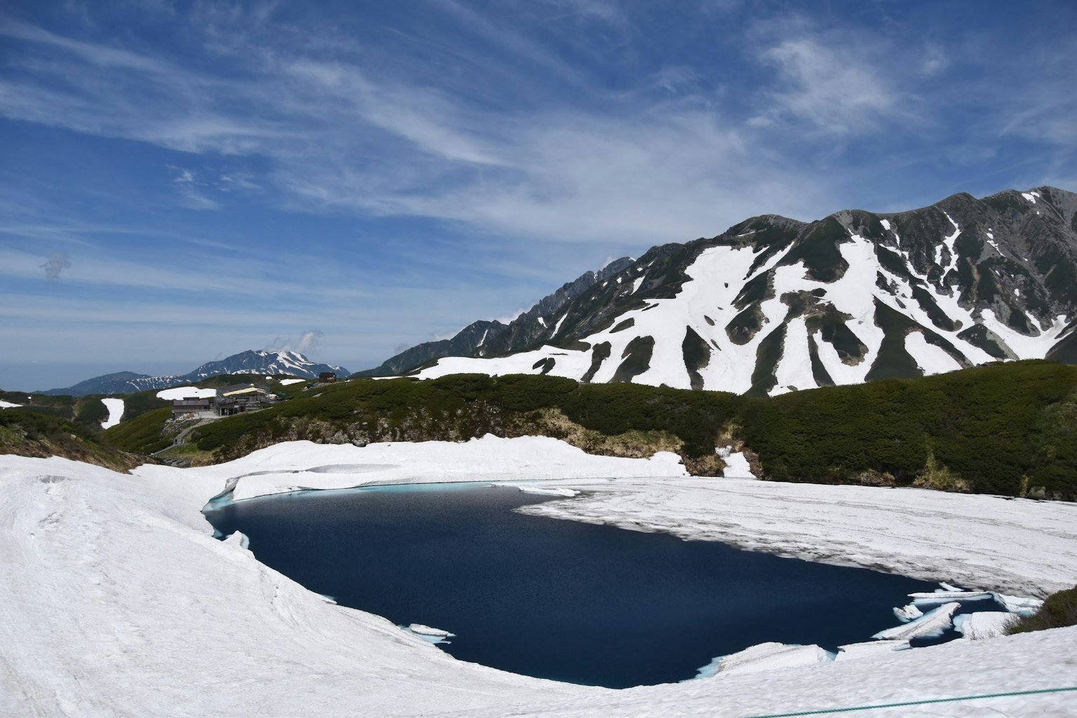 Snow-covered mountains with a blue lake