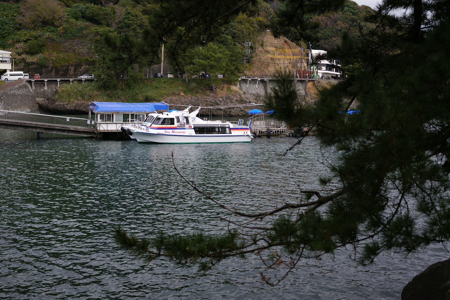 Barca bianca ancorata in una baia serena con vegetazione lussureggiante