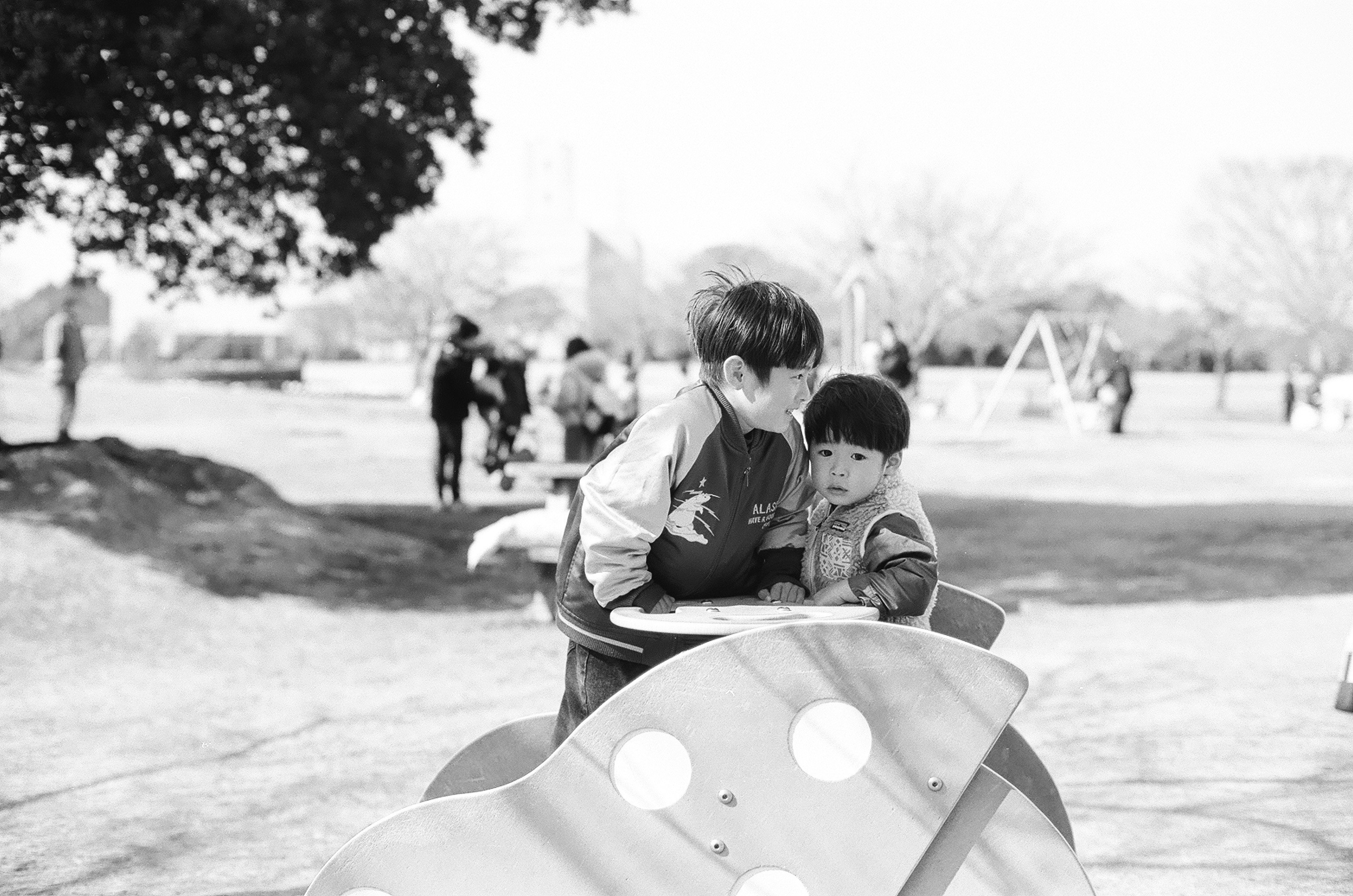 Erwachsener hält ein Kind auf einer Parkwiese mit Spielgeräten
