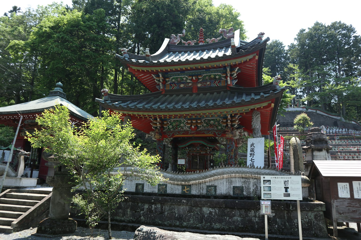 Beautiful shrine building with lush green background