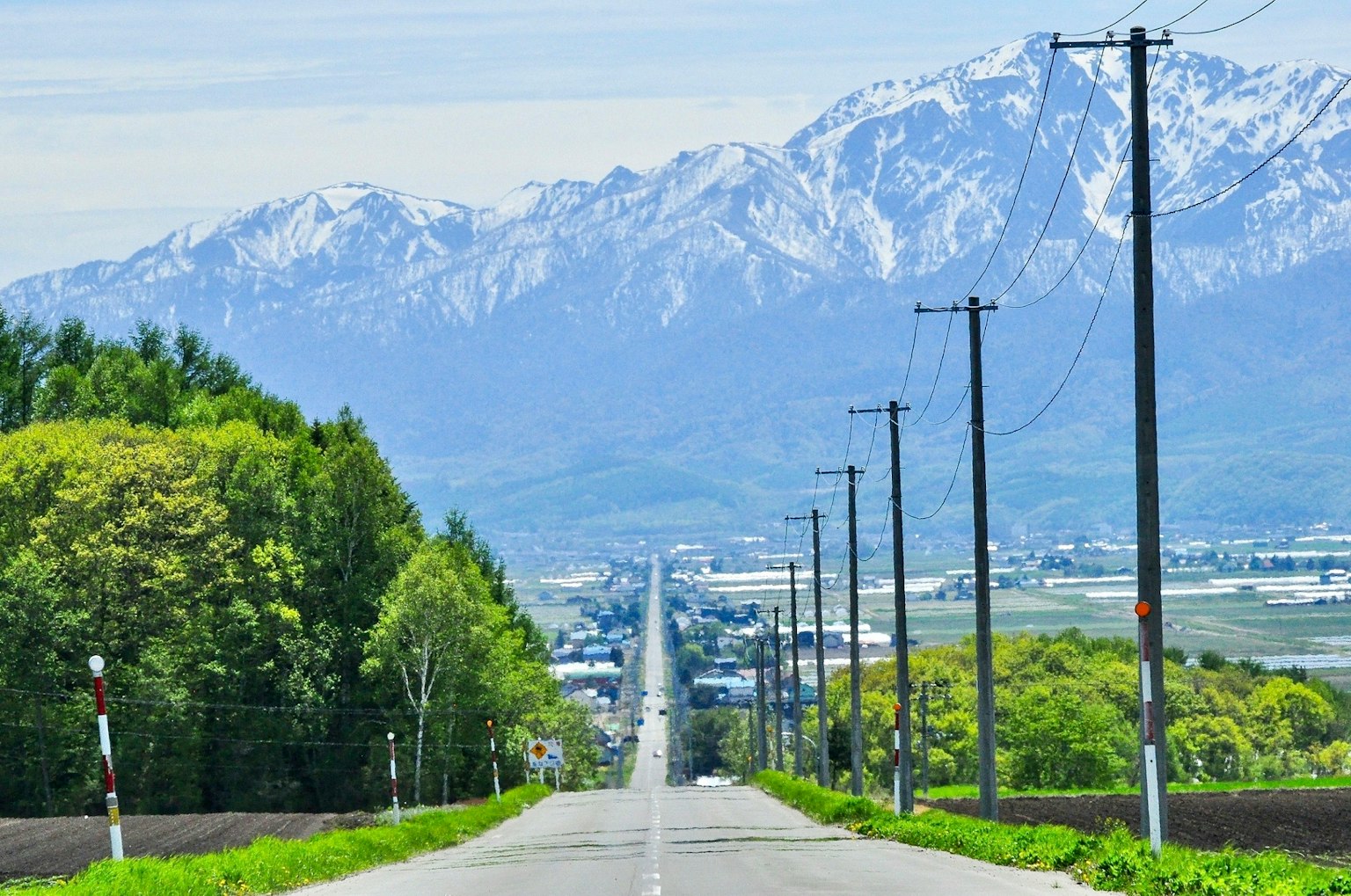 雪に覆われた山々と緑の木々が並ぶ道路の風景