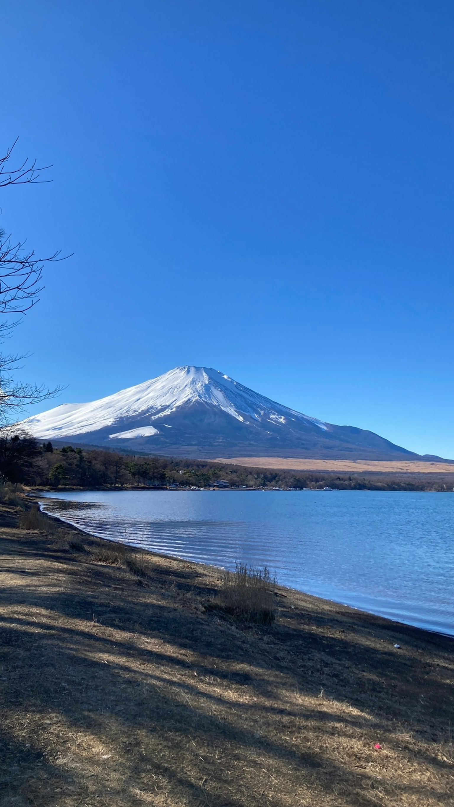 Vista panoramica del monte Fuji innevato sotto un cielo azzurro