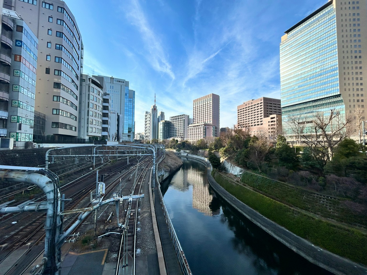 Stadtansicht mit einem Fluss und Wolkenkratzern Eisenbahngleisen und blauem Himmel