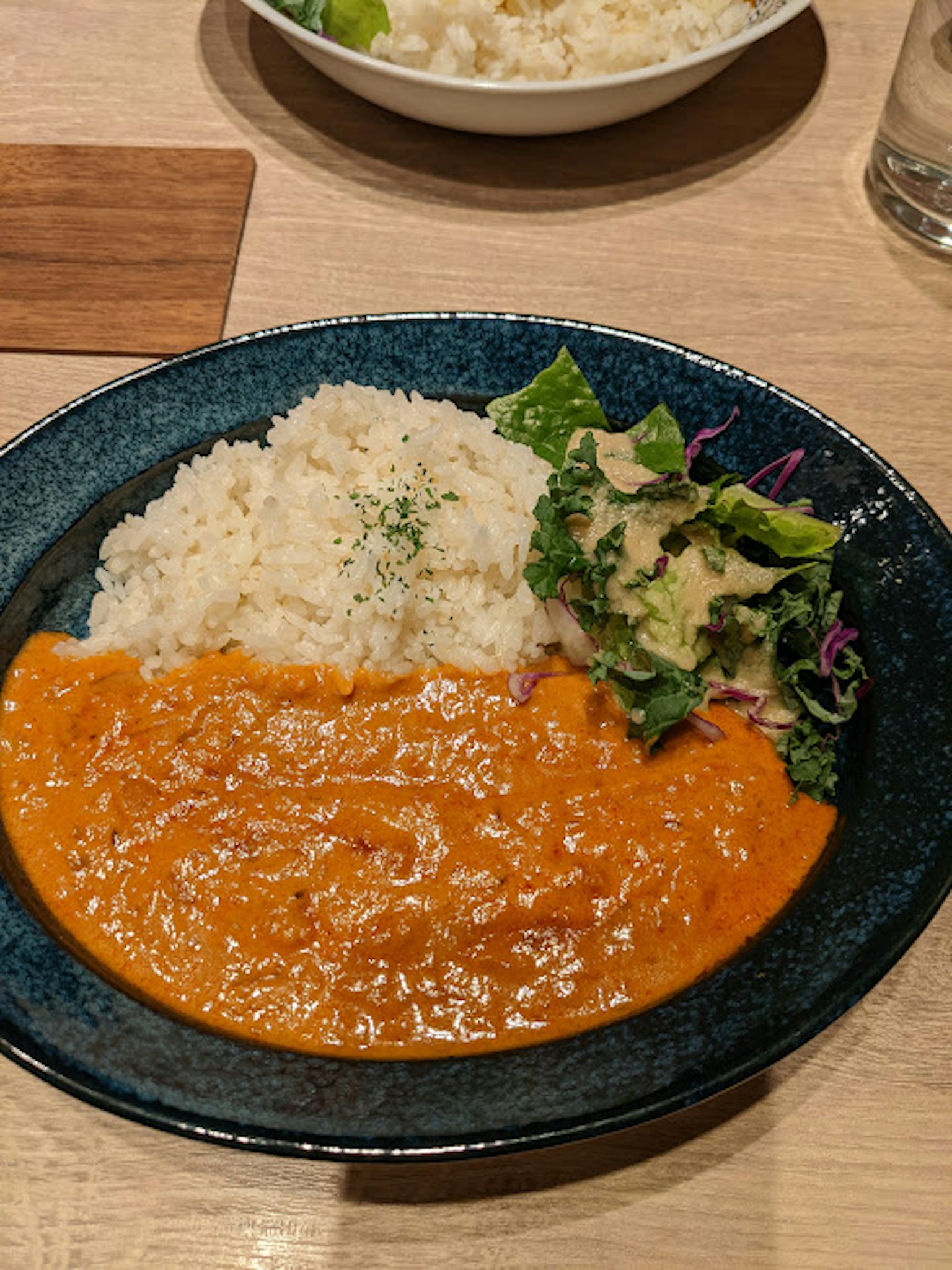 Delicious curry with rice and salad presentation