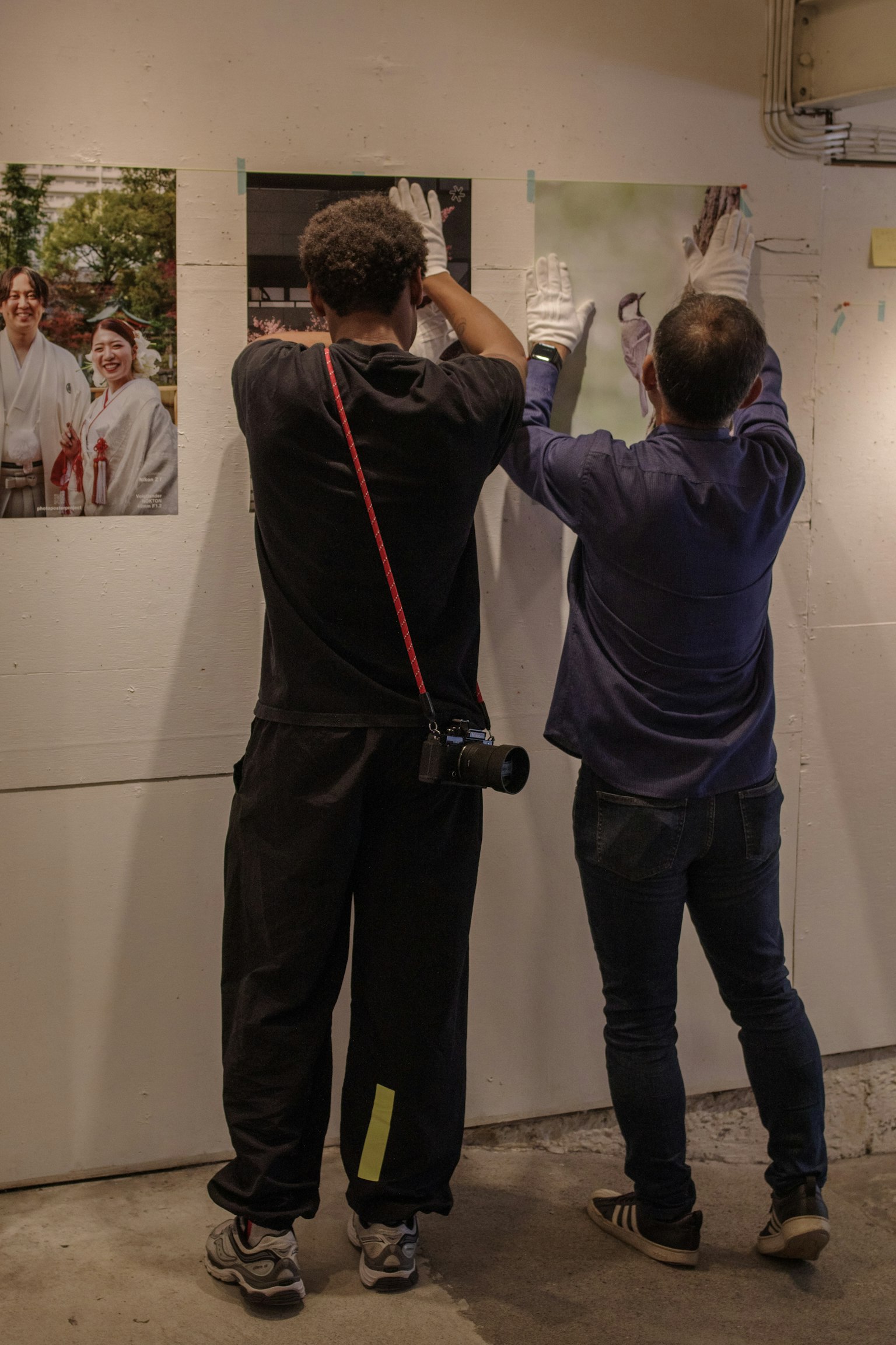 Two men hanging photographs on a gallery wall
