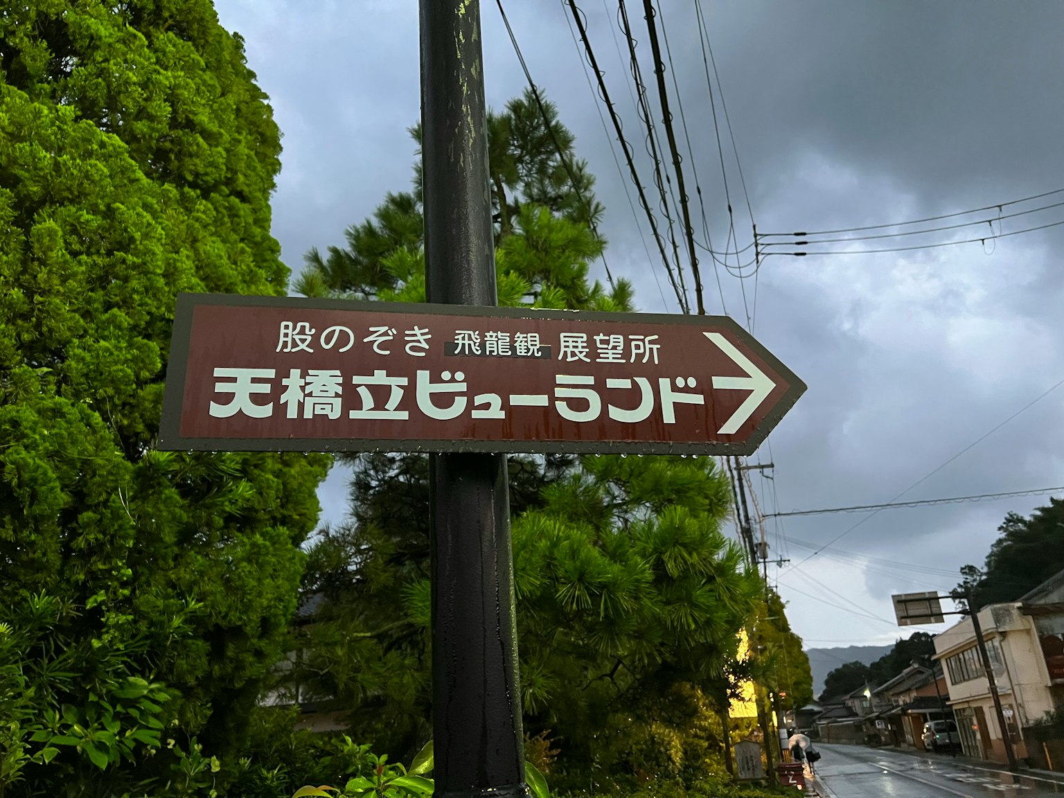 在綠樹和陰天下指向天橋立觀景台的標誌