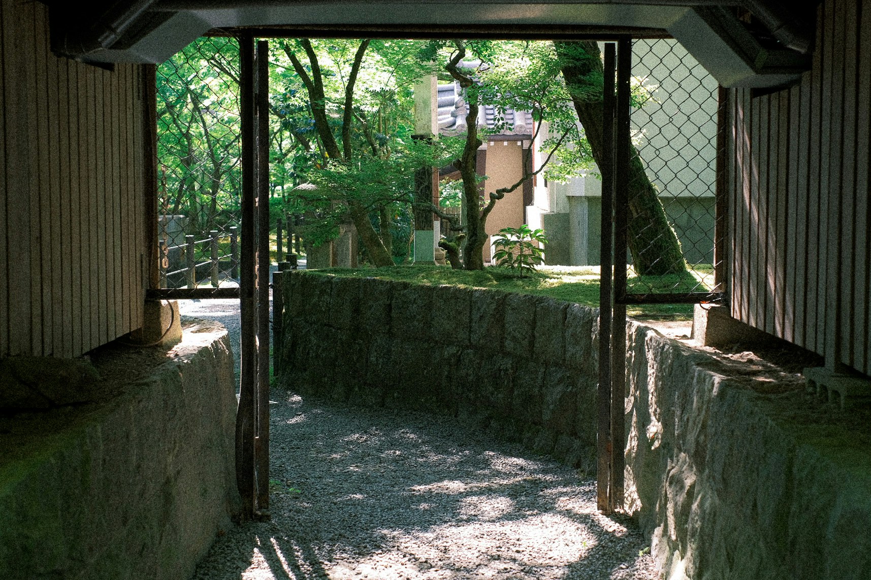 緑に囲まれた中庭の石造りの小道と回廊のある建物の入口