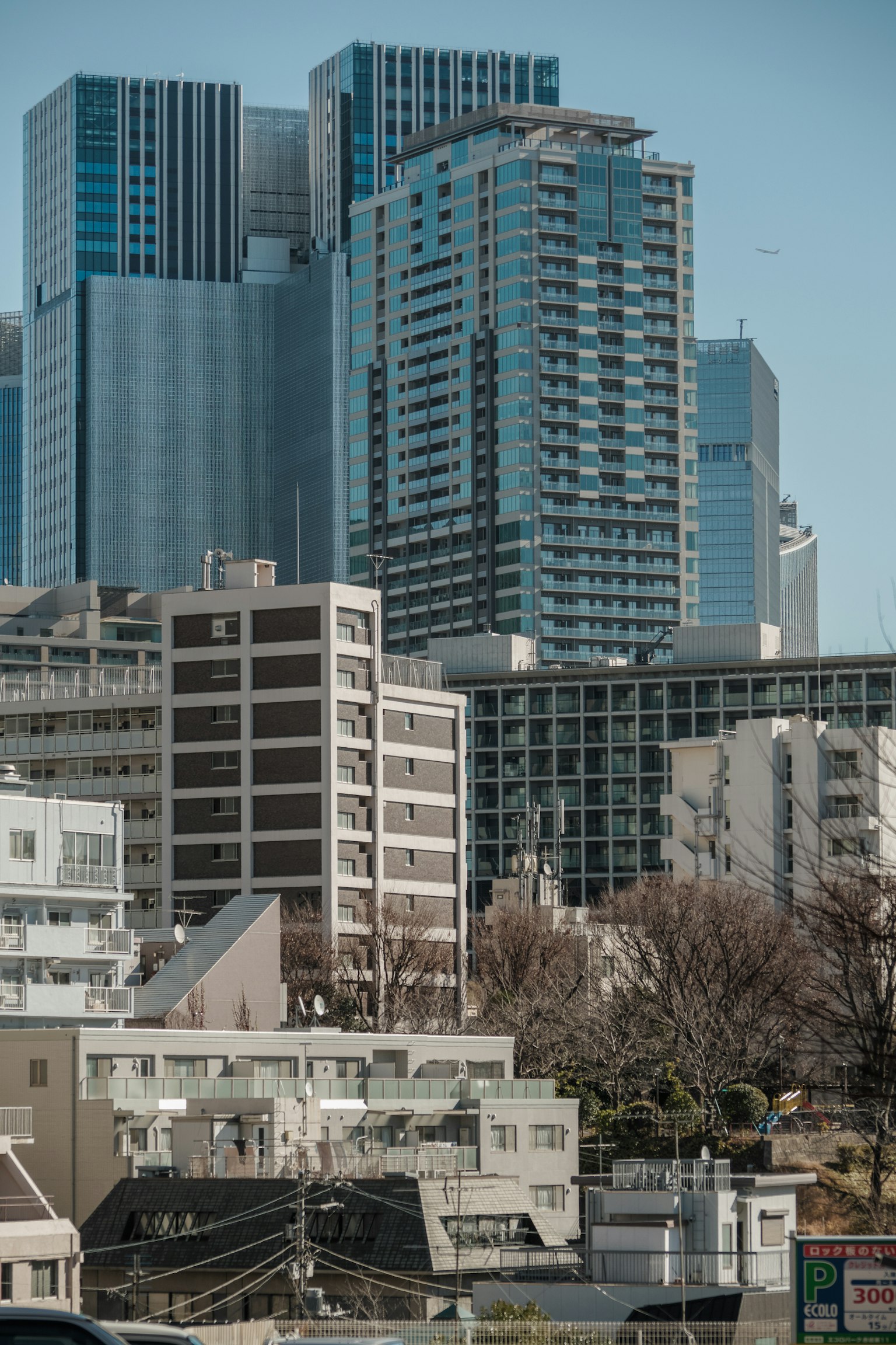 城市风景，展示摩天大楼和住宅建筑的混合