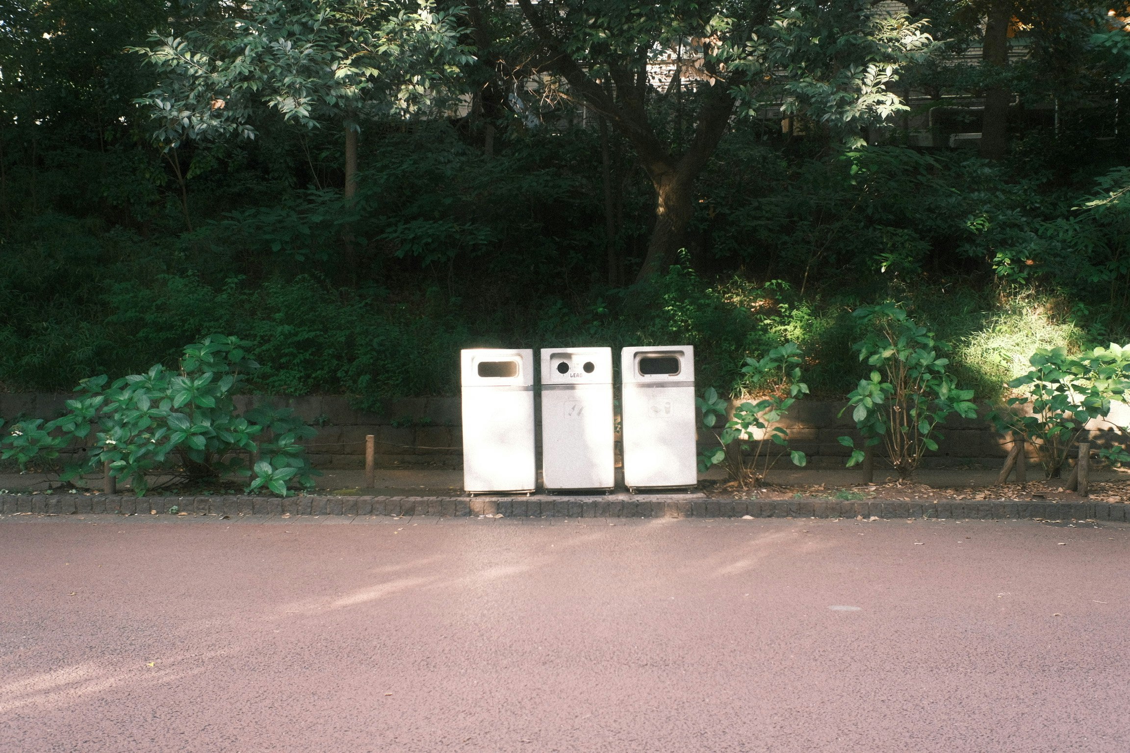 緑の生垣のそばに並ぶ屋外のゴミ箱