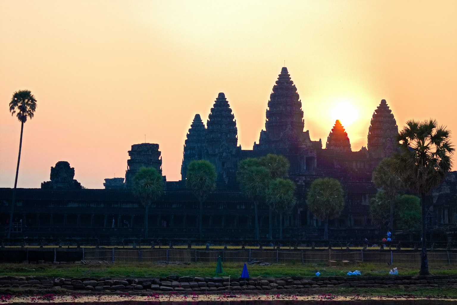 Silhouette von Angkor Wat bei Sonnenaufgang mit umliegenden Palmen