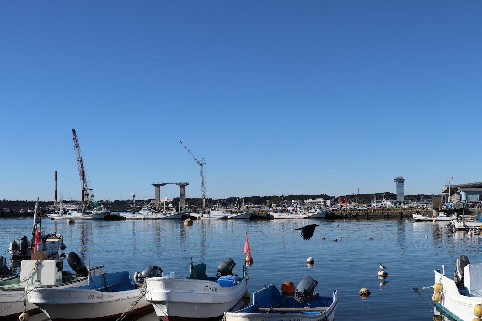 Harbor with small boats moored under a clear blue sky