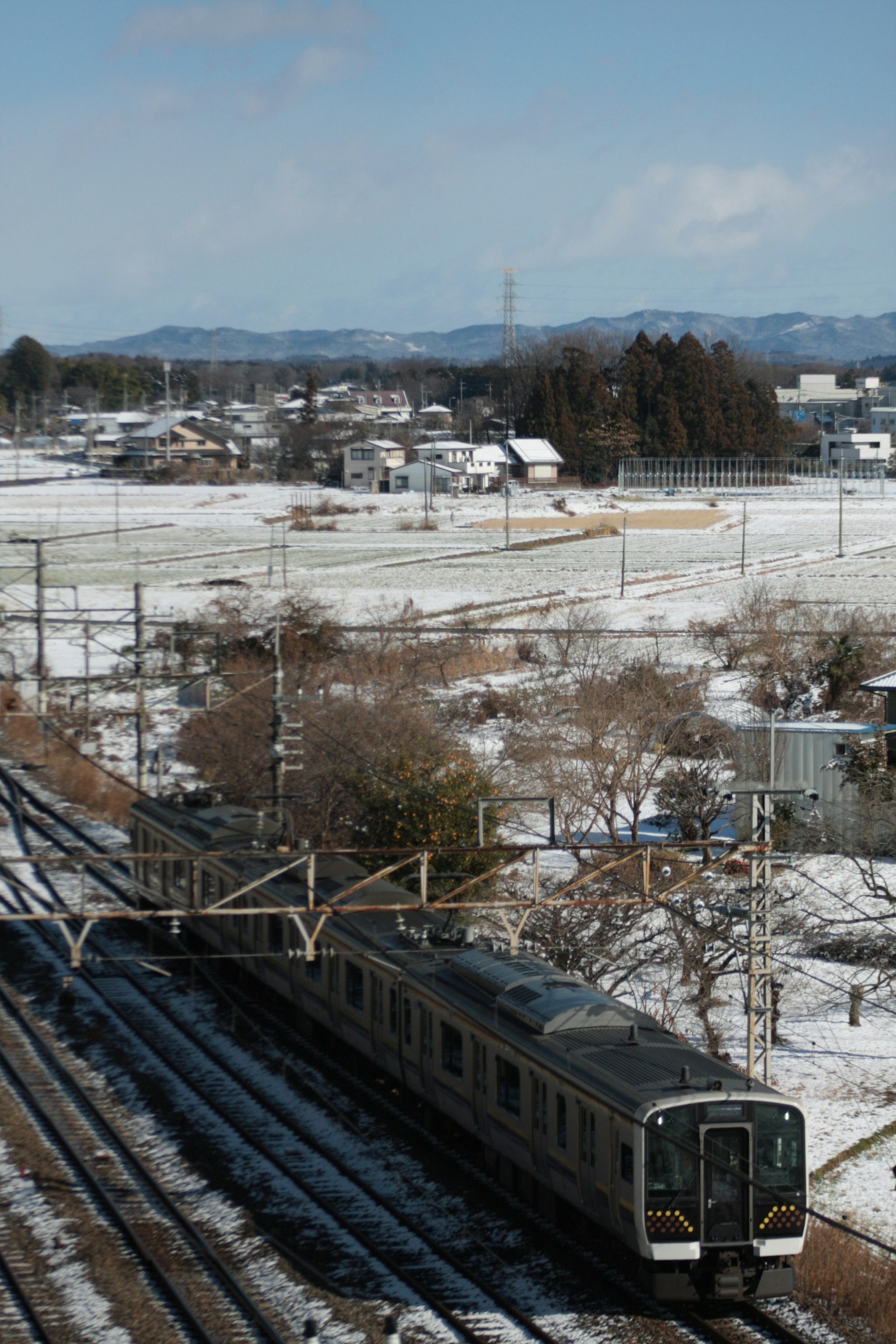 火车穿过雪景，背景有田野和山脉