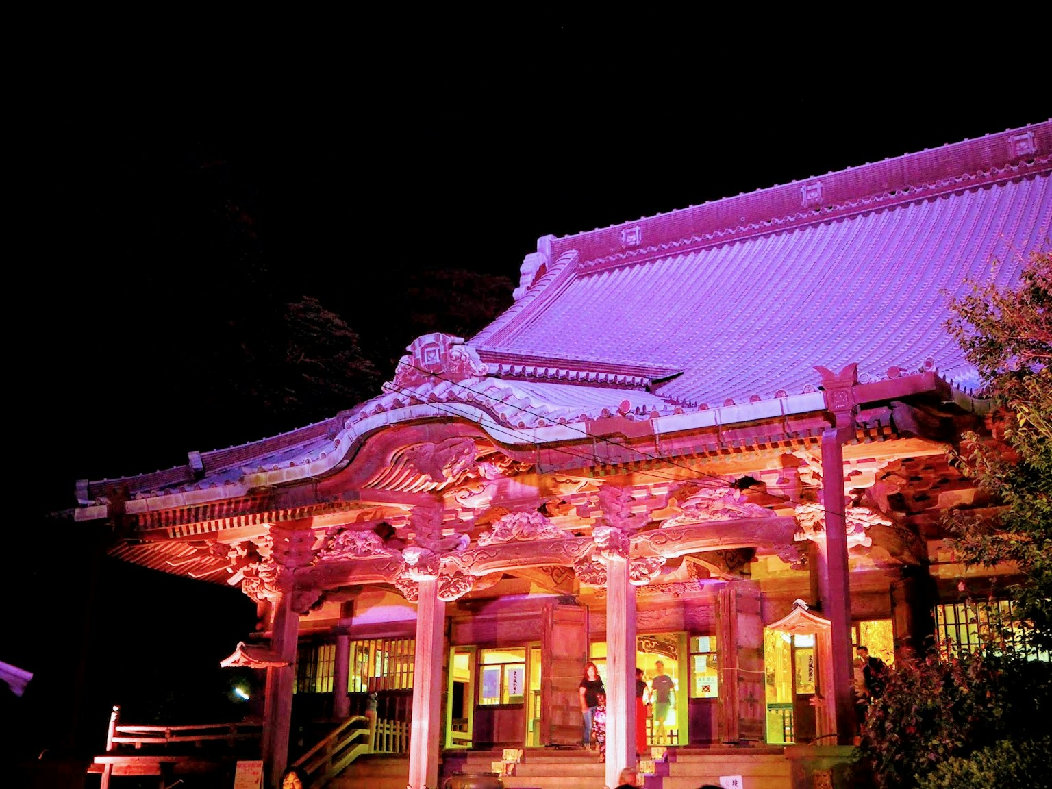 Esterno di un bellissimo tempio giapponese illuminato di notte