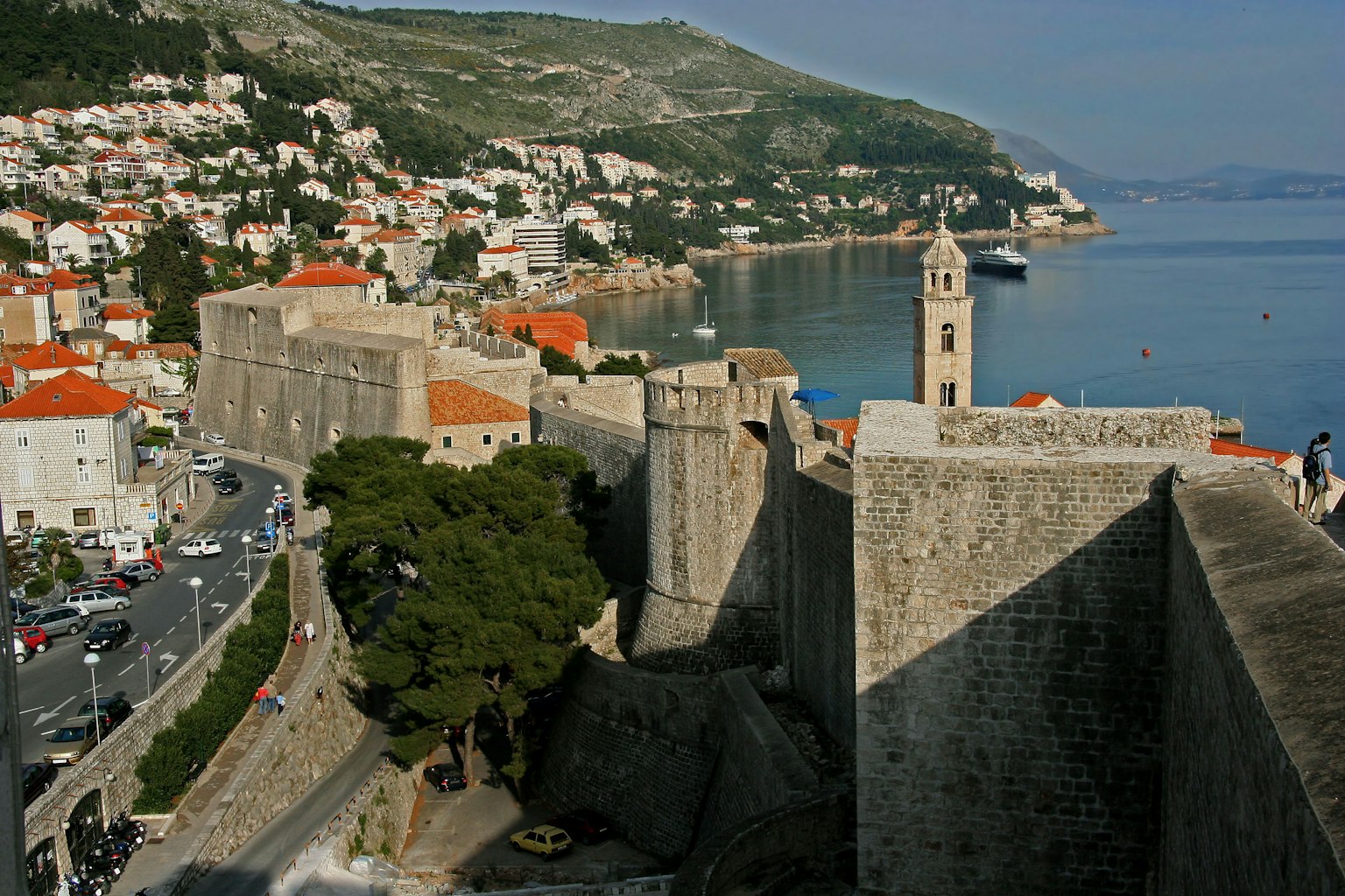 A panoramic view of Dubrovnik's Old Town featuring city walls and the sea