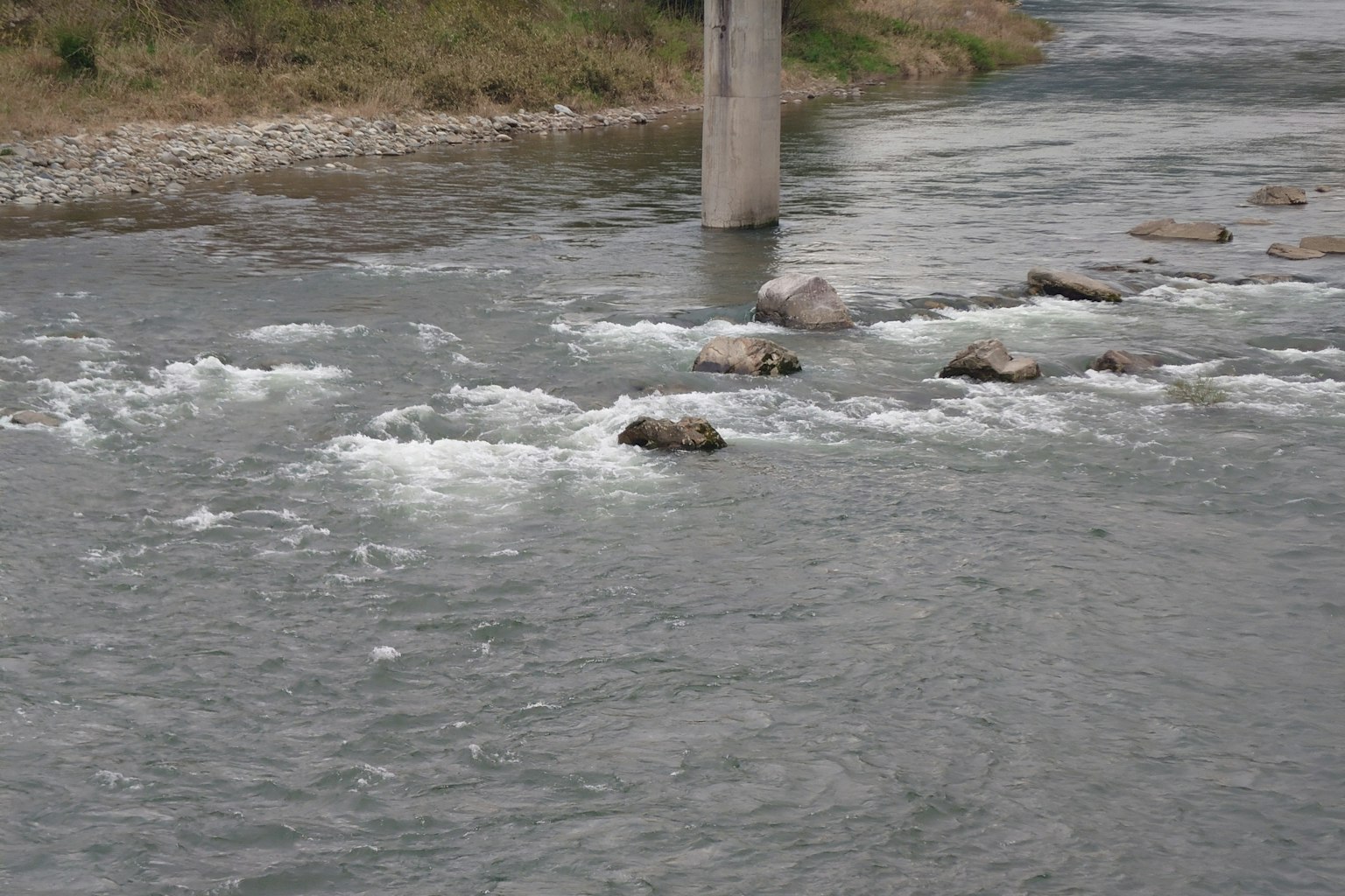 Flusslandschaft mit Steinen im schnell fließenden Wasser