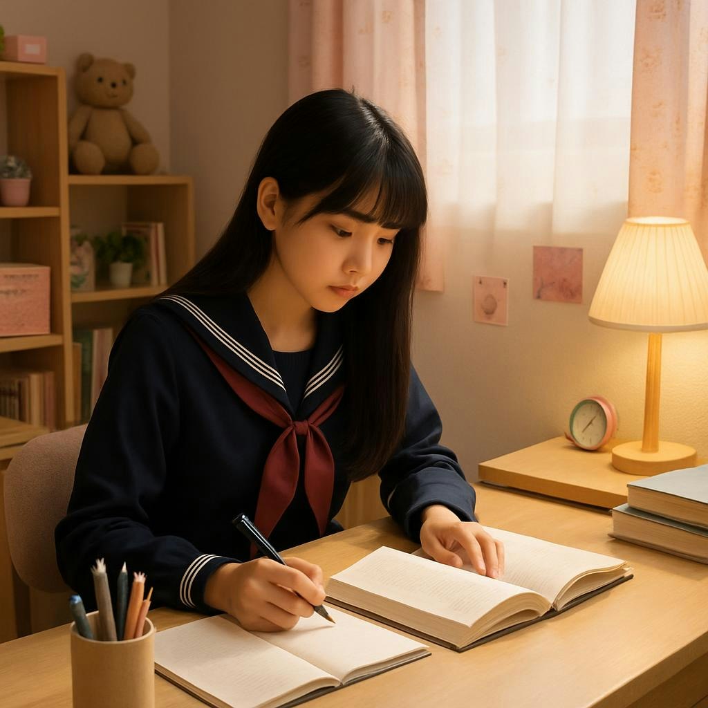 自室で勉強する制服姿の少女がノートに書き込む様子