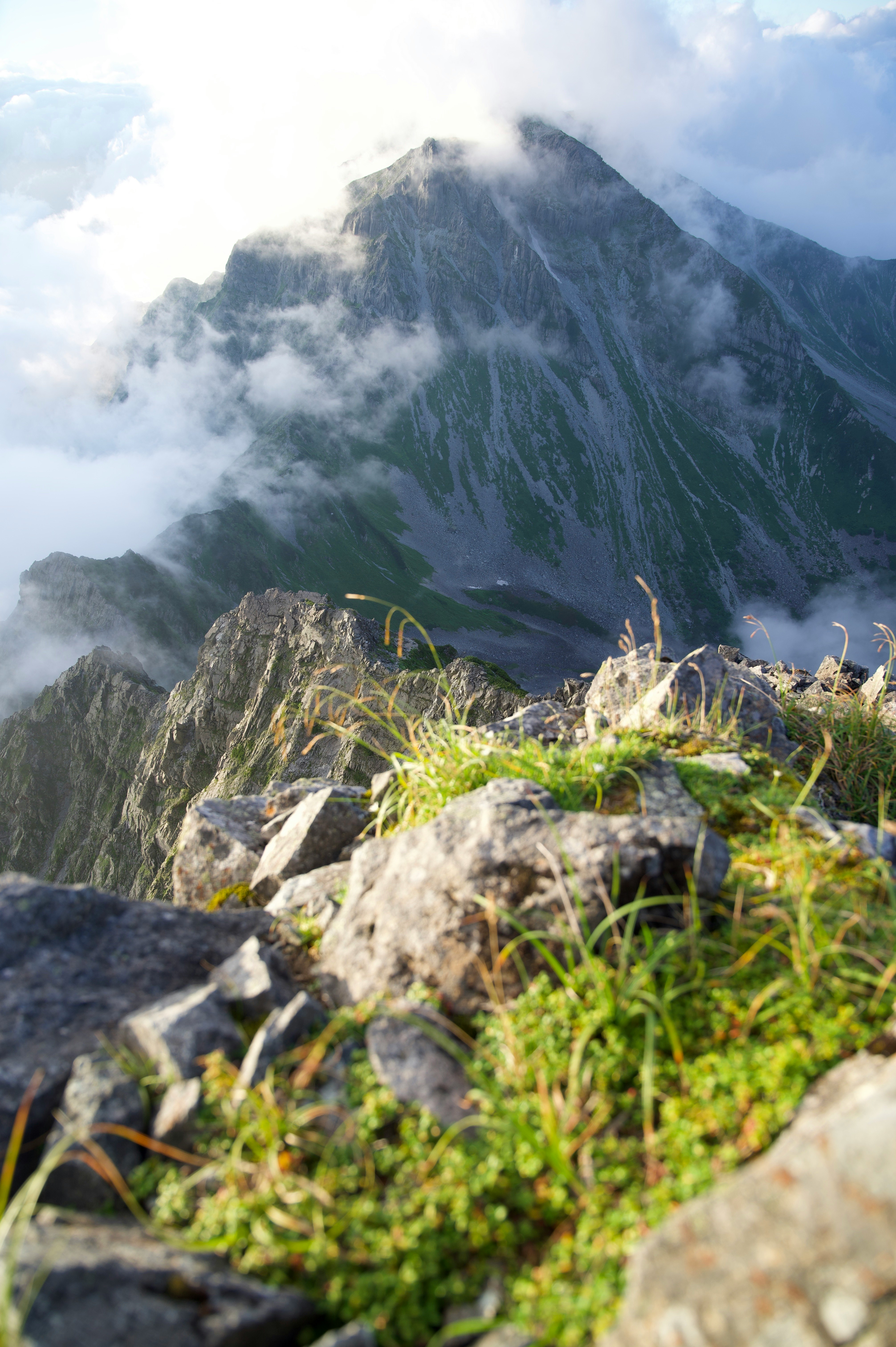 pemandangan jalur gunung dengan bebatuan dan rumput