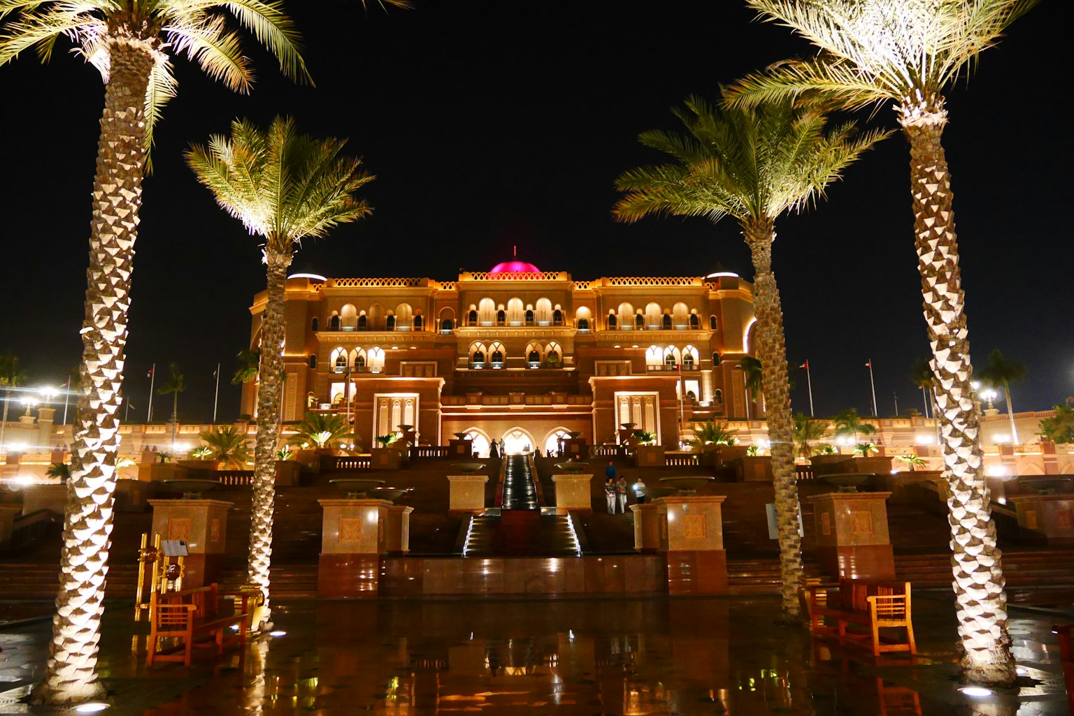 Beau palais avec des palmiers la nuit