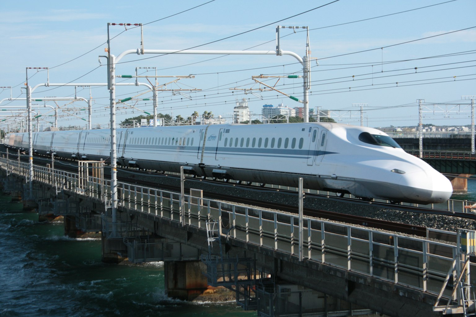 Shinkansen traveling over a bridge with blue sky and water