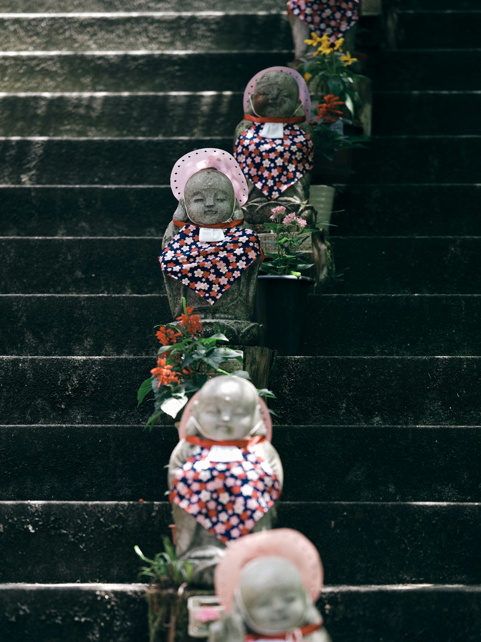 Statues en pierre mignonnes alignées sur des escaliers entourées de fleurs et de verdure