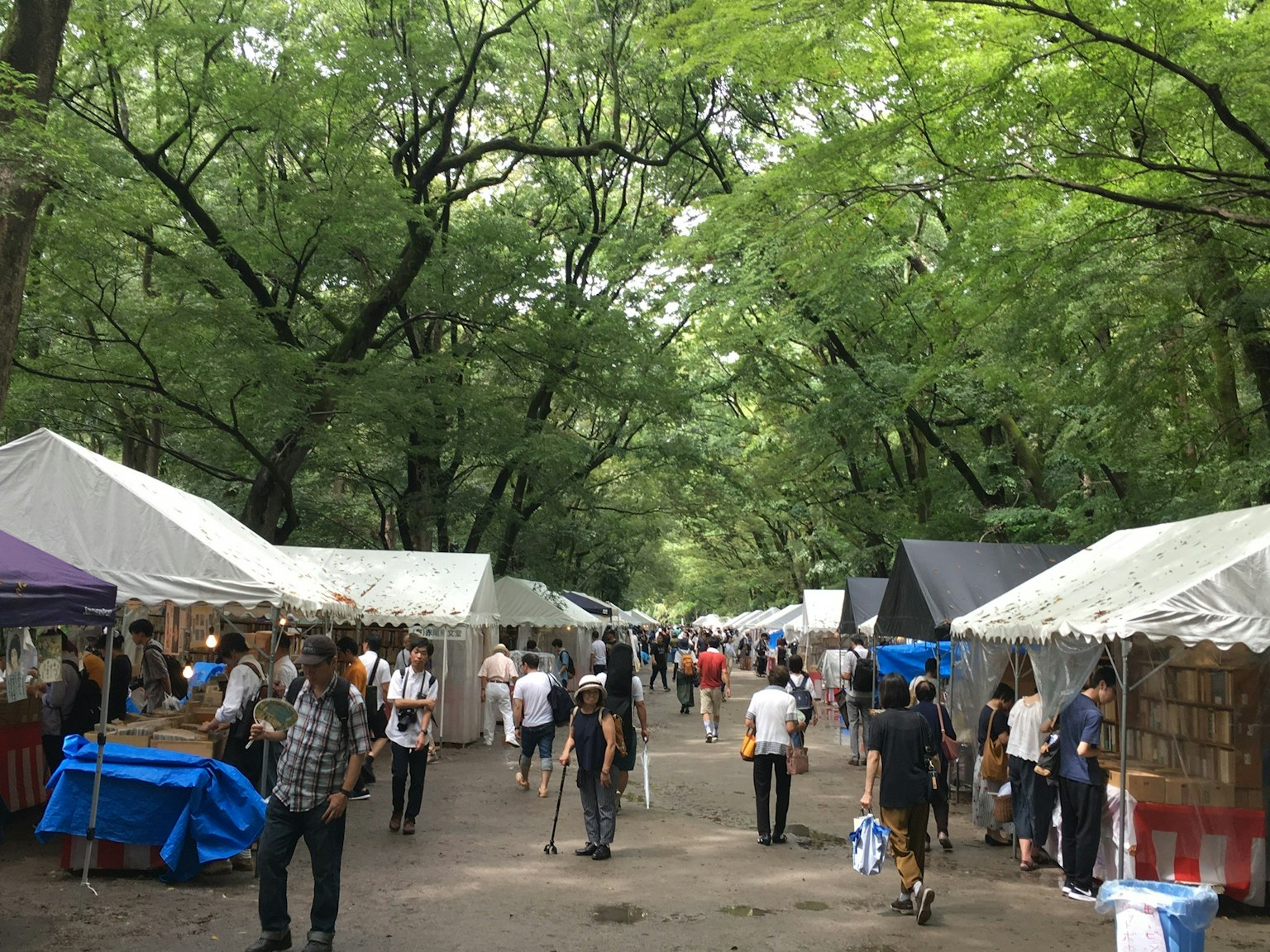 Adegan pasar yang ramai dengan tenda dikelilingi pepohonan hijau subur dan pengunjung berjalan
