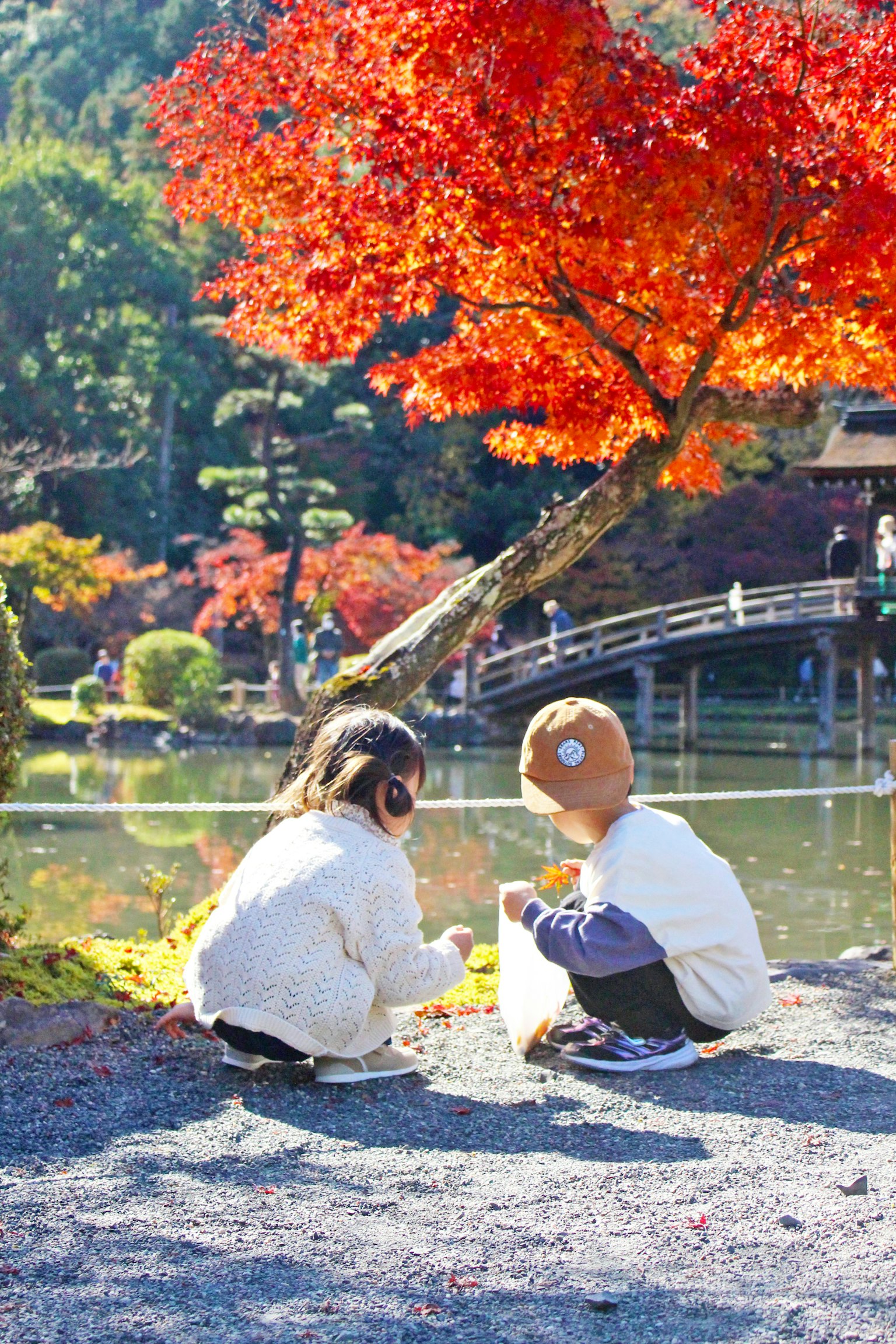 两个孩子在秋天的树叶下玩耍,旁边是一个池塘