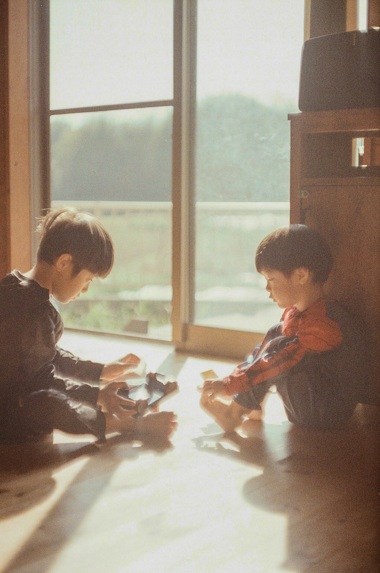 二人の子供が床に座っておもちゃで遊んでいる明るい室内の風景