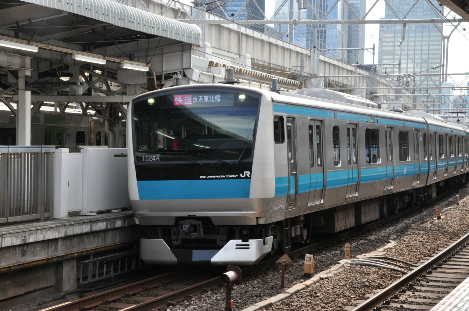 Treno moderno con strisce blu fermo alla stazione