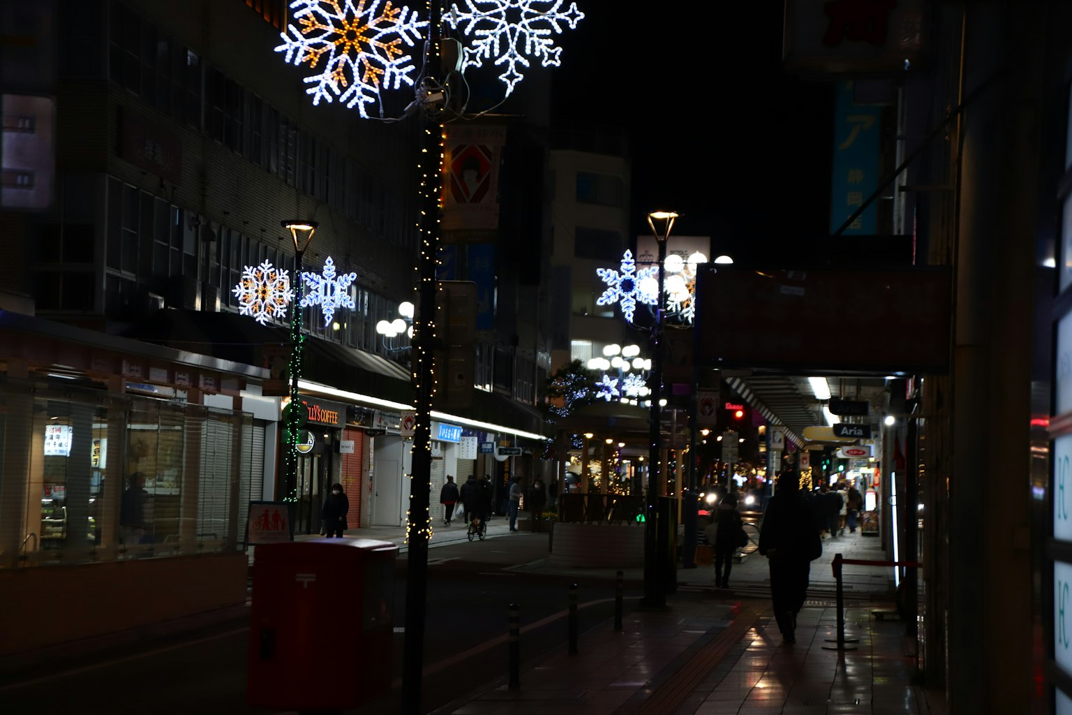 Calle decorada con luces en forma de copo de nieve por la noche