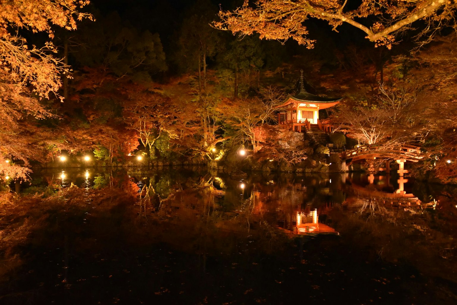 Japanischer Garten bei Nacht mit Herbstblättern und Lichtern